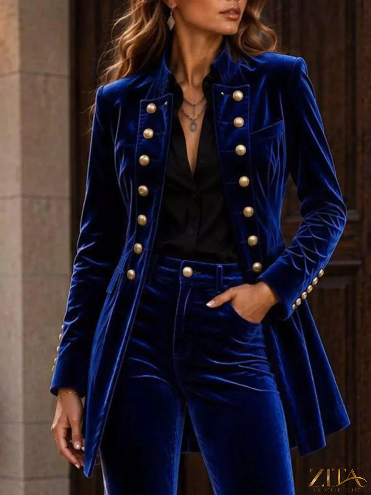 Velvet double-breasted blazer and flare pants set by Zita La Belle Elite, shown in rich velvet fabric with tailored fit and stylish design.