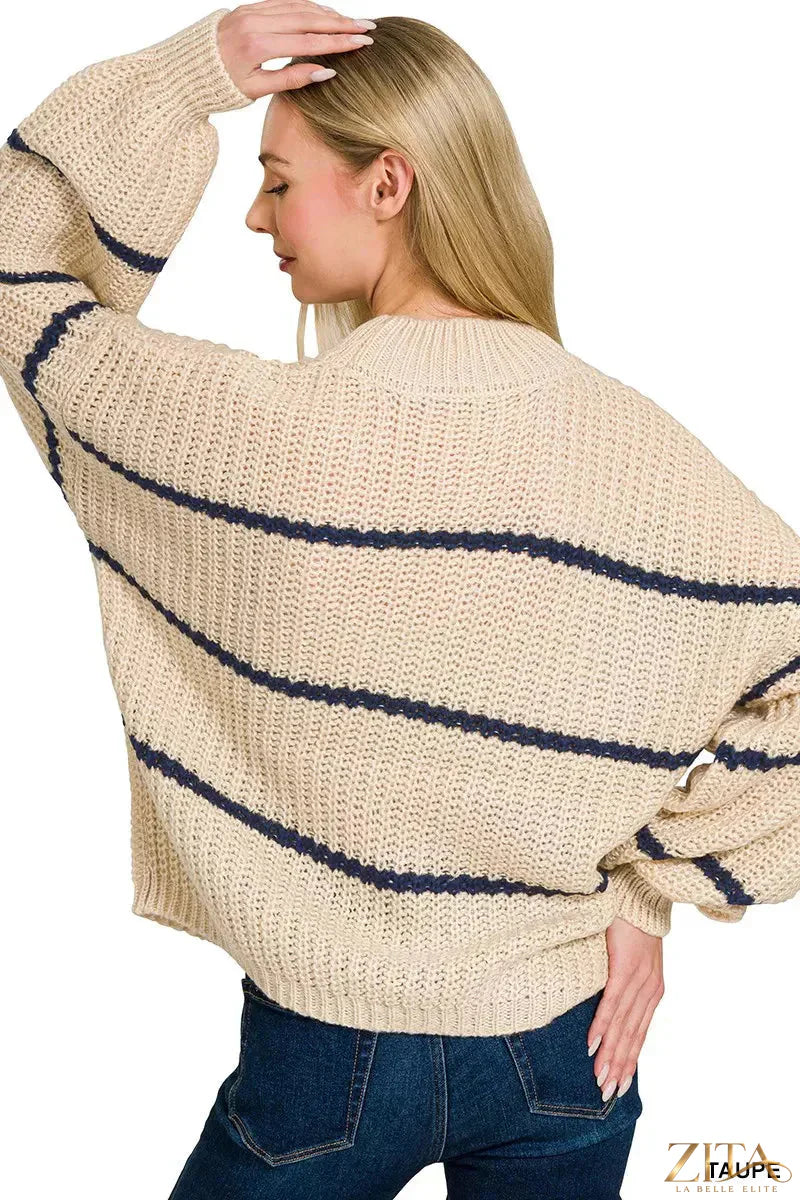 Zita La Belle Elite Zenana oversize striped sweater with wide horizontal navy and white stripes, cozy and stylish for casual wear.