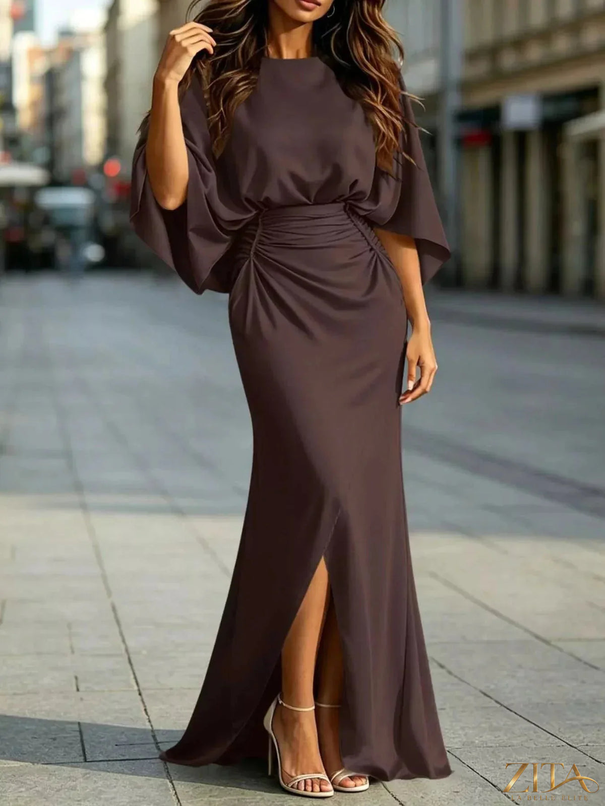 Zita La Belle Elite ruched waist maxi dress with pockets, flowing fabric, and elegant design, perfect for casual or formal occasions.