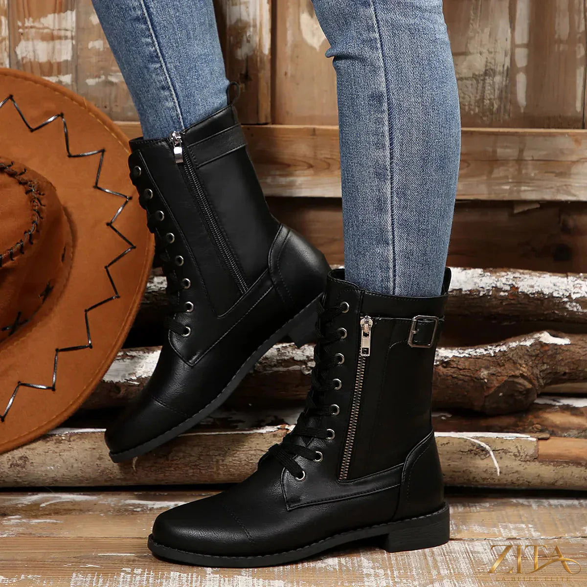 Zita La Belle Elite round toe lace-up block heel boots in black, showcasing stylish design and sturdy heel.