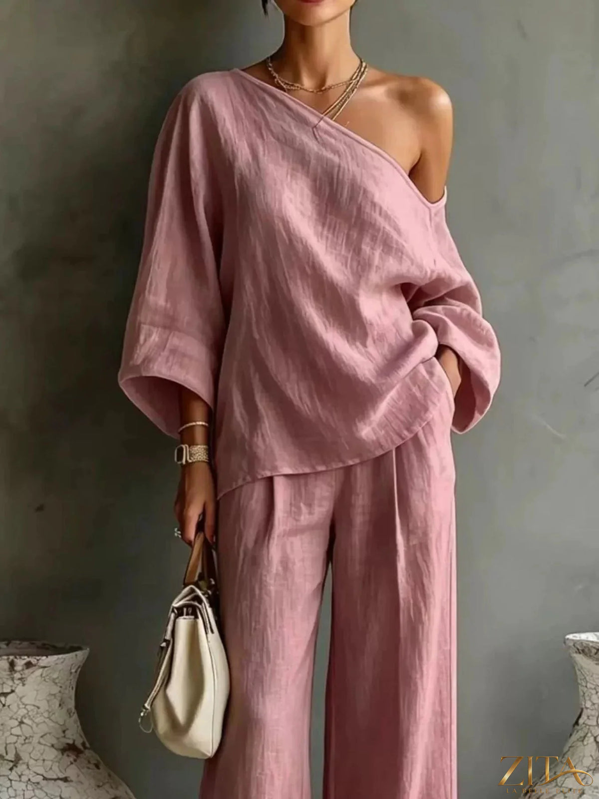 Zita La Belle Elite one shoulder top and wide-leg pants set, stylish fashion ensemble with a modern, elegant look.
