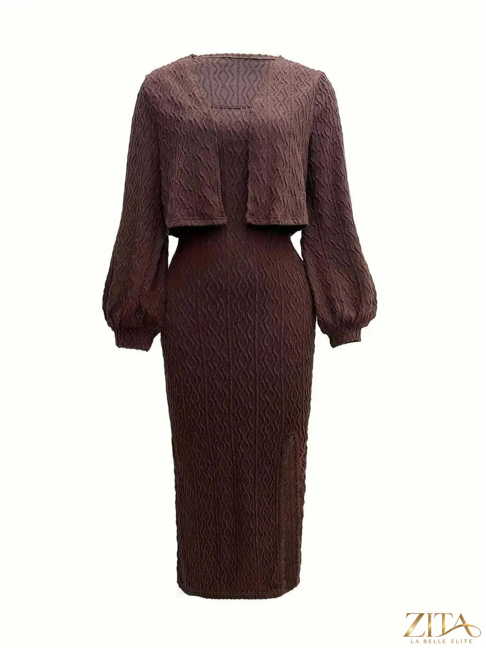 Zita La Belle Elite open front long sleeve cardigan and side slit cami dress set, featuring a lightweight knit and elegant design.