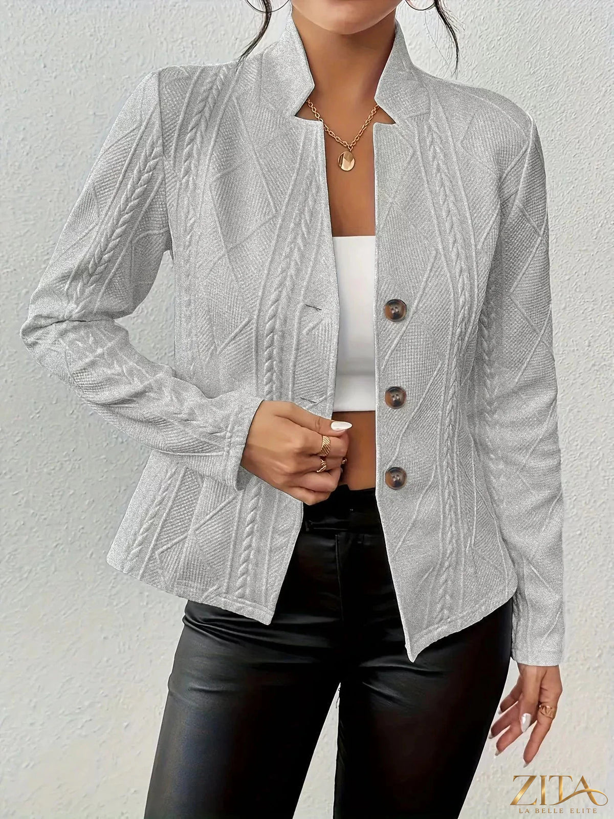 Textured knit button-front blazer by Zita La Belle Elite, featuring a tailored fit and classic collar detail.