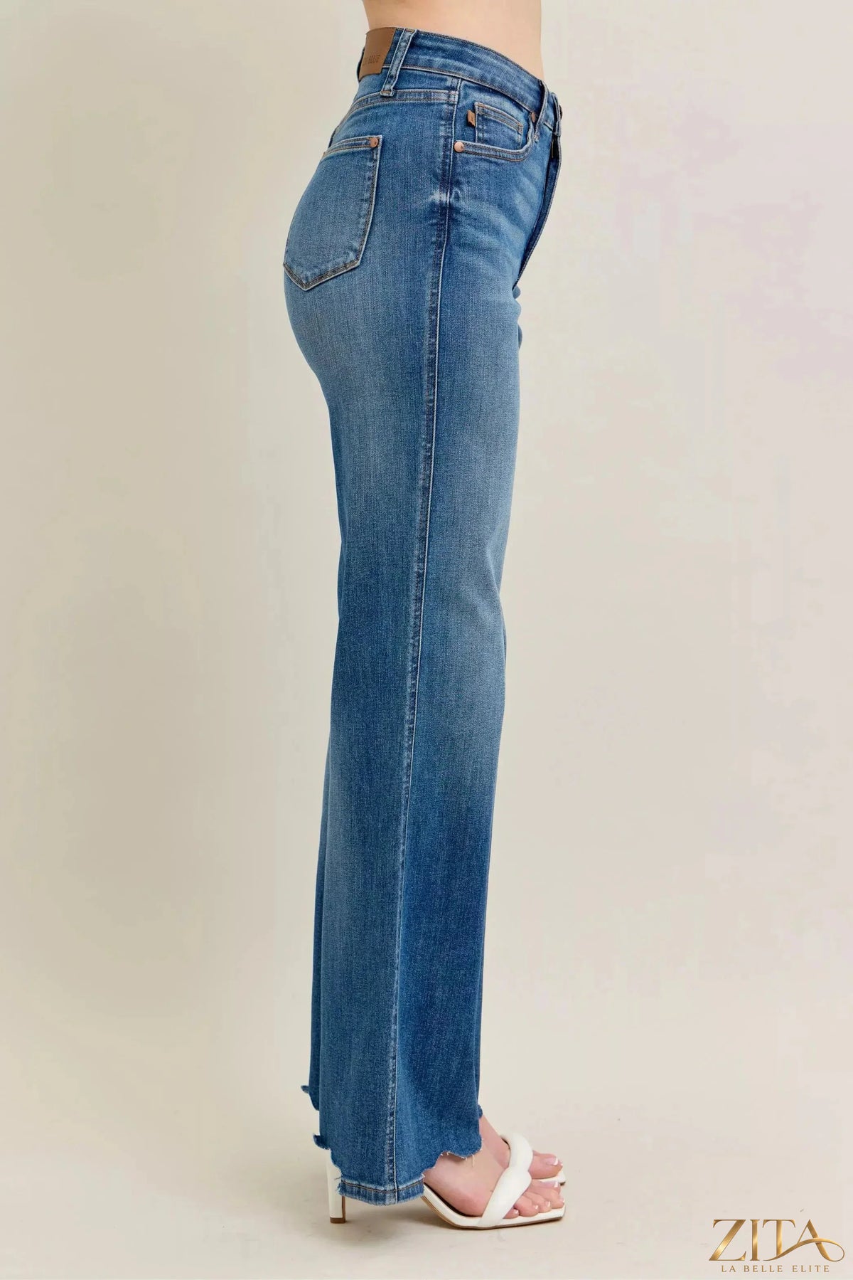 Zita La Belle Elite Judy Blue tummy control distressed wide-leg jeans displayed on a model, featuring a high waist and ripped details.