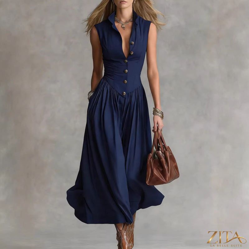 Women's sleeveless lapel collar maxi dress by Zita La Belle Elite, slim fit patchwork casualwear, flowing and stylish for warm weather.