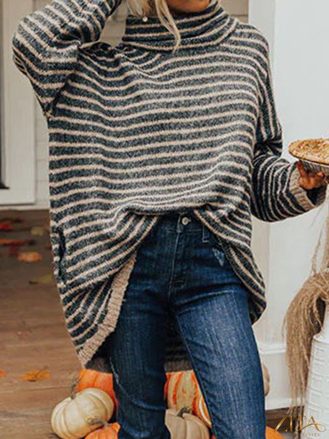 Zita La Belle Elite striped turtleneck sweater with front pockets, cozy knit design in various colors.