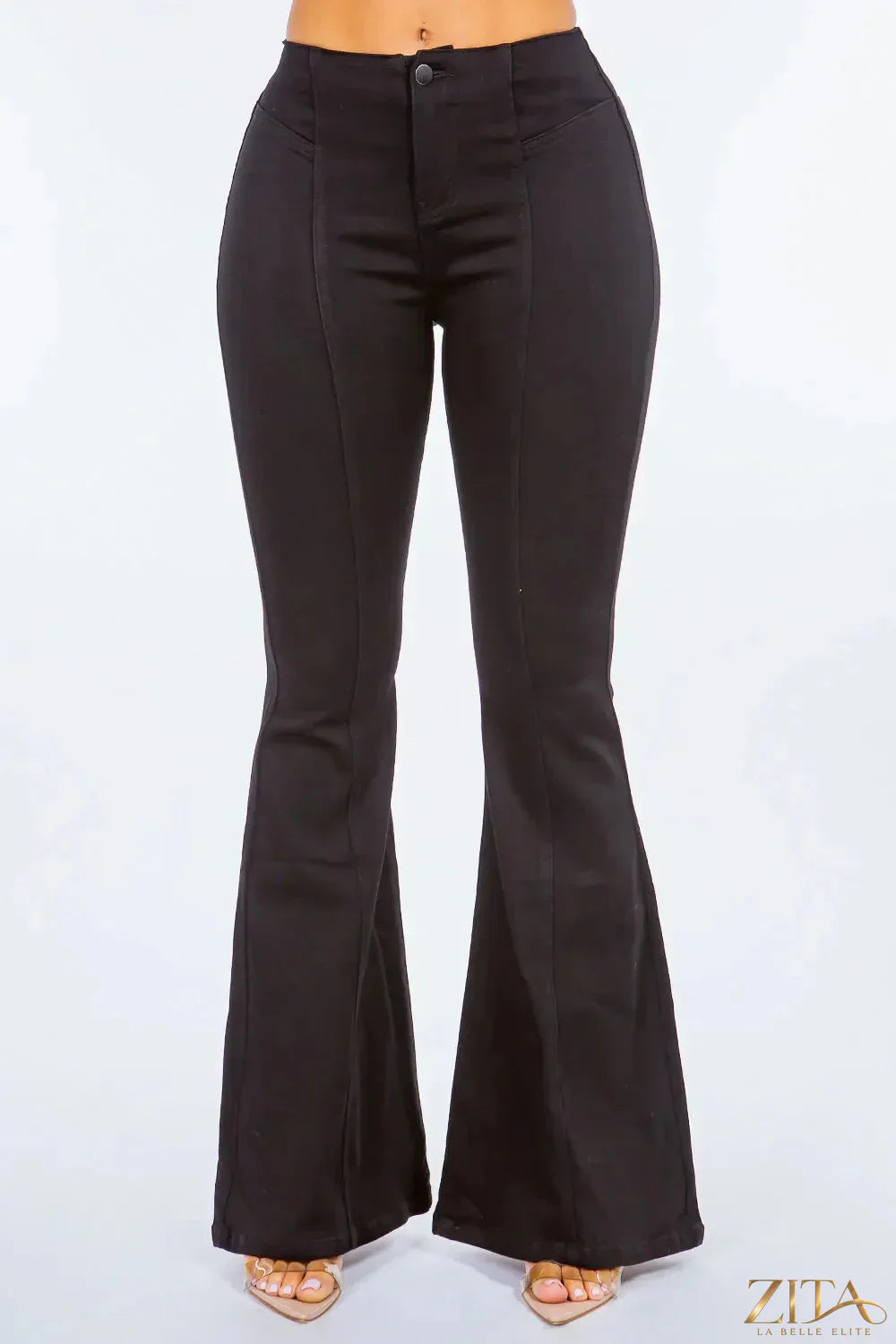American Bazi high waist pull-on flare jeans by Zita La Belle Elite, featuring a fitted waist and wide flare leg style.