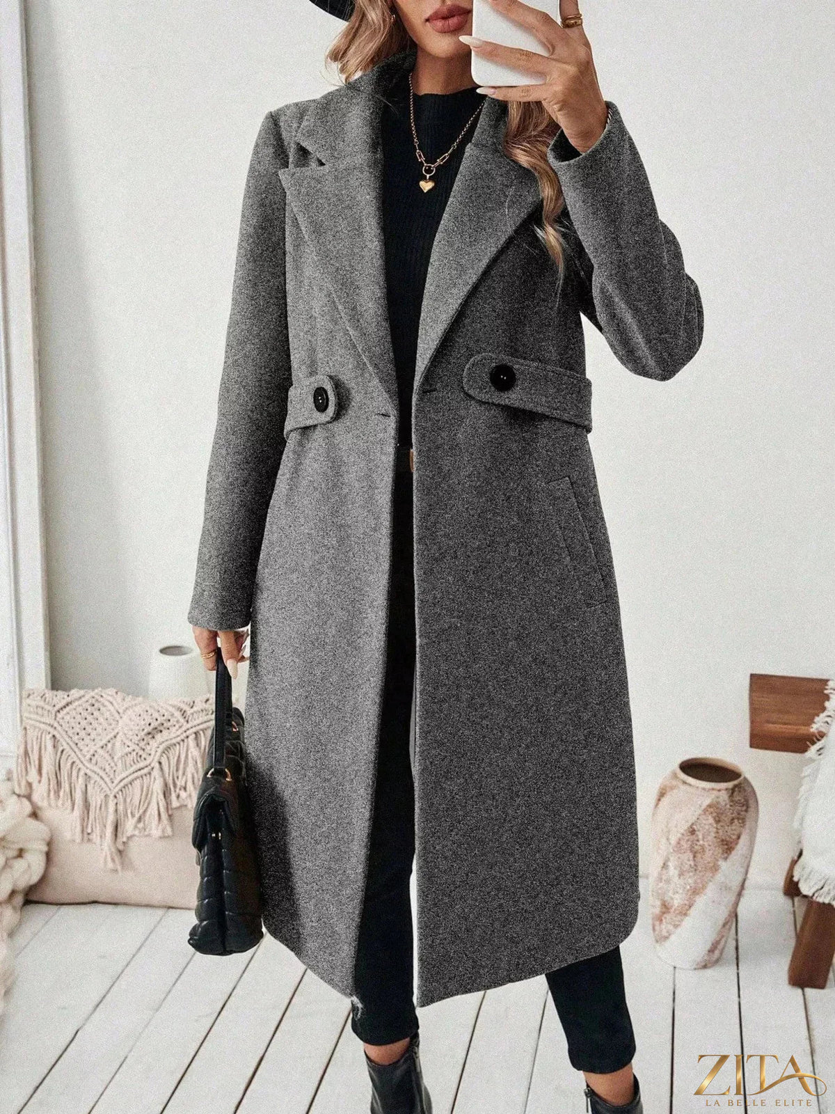 Zita La Belle Elite longline coat with lapel collar, featuring a stylish and elegant design in a neutral fabric.