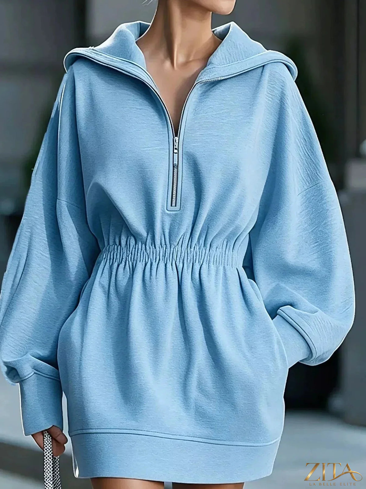 Zita La Belle Elite casual hooded quarter-zip sweatshirt dress in soft fabric, featuring a hood and relaxed fit.