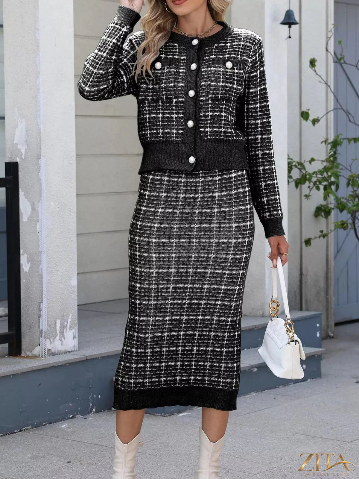 Zita La Belle Elite plaid knit cardigan and midi skirt sweater set featuring a cozy, stylish plaid pattern and matching knit fabric.