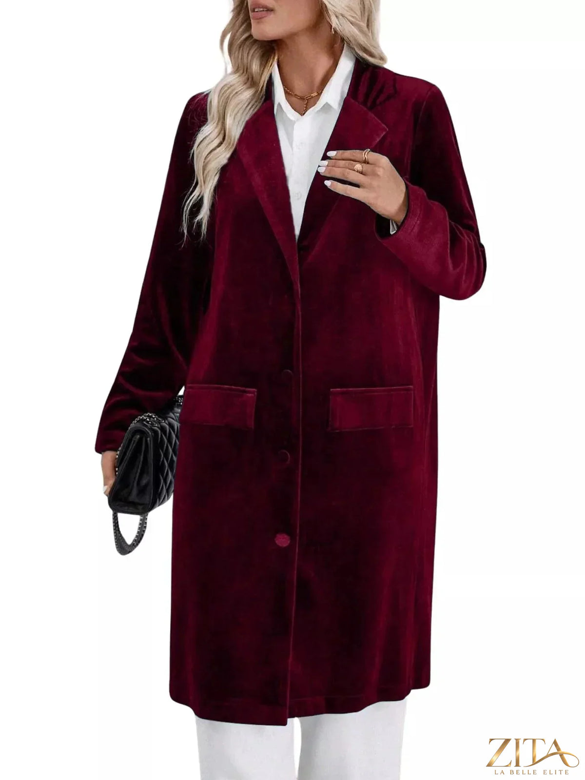 Zita La Belle Elite longline coat with lapel collar, long sleeves, and a stylish design, shown in a sleek, modern fabric.