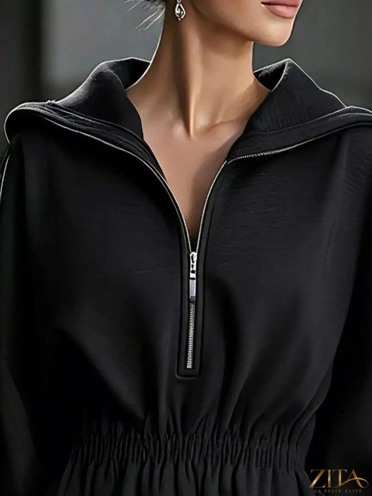 Zita La Belle Elite casual hooded quarter-zip sweatshirt dress in soft fabric, featuring a hood, long sleeves, and relaxed fit.