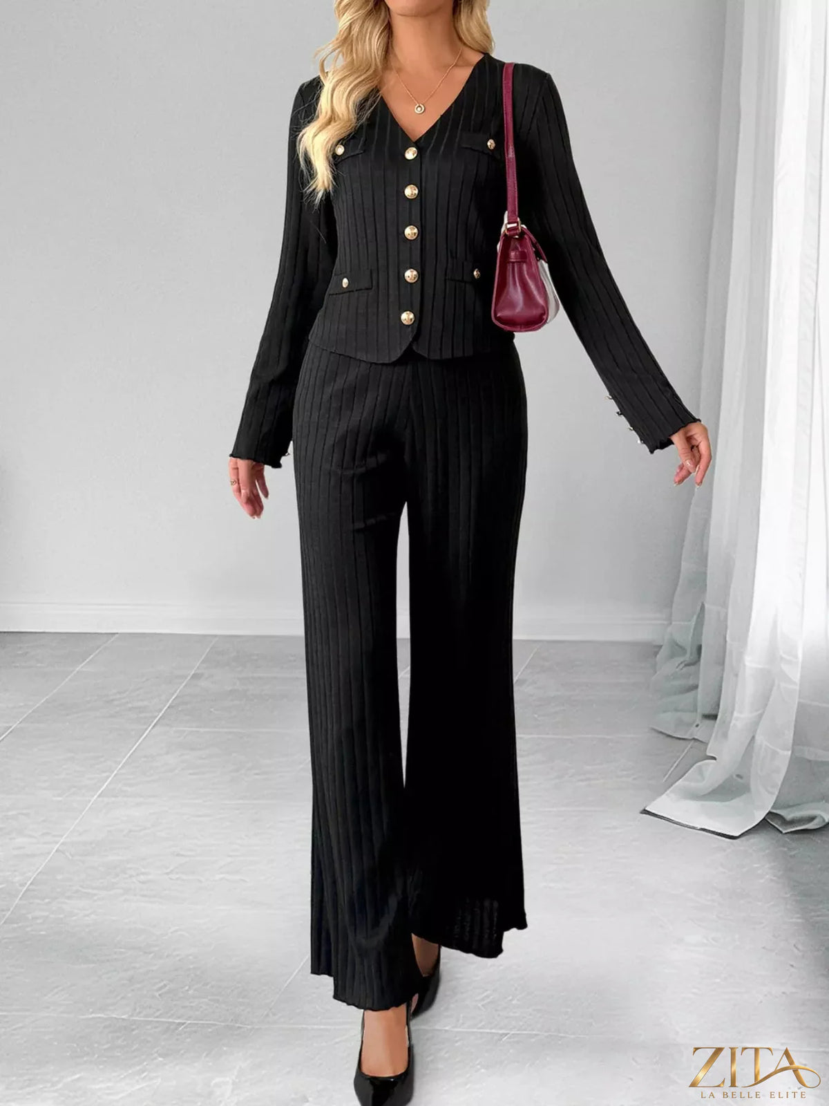 Zita La Belle Elite ribbed knit cardigan and wide-leg pants set, featuring a cozy textured design and relaxed fit.