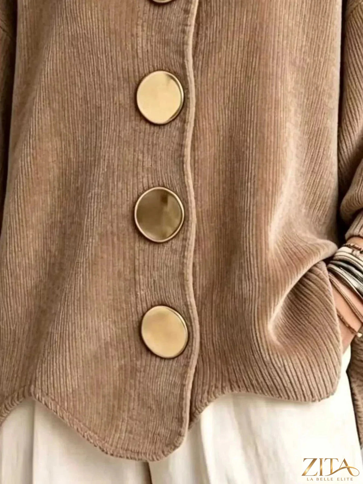 Plus size Zita La Belle Elite ribbed knit cardigan with gold buttons, showcasing the full size fit and textured fabric.