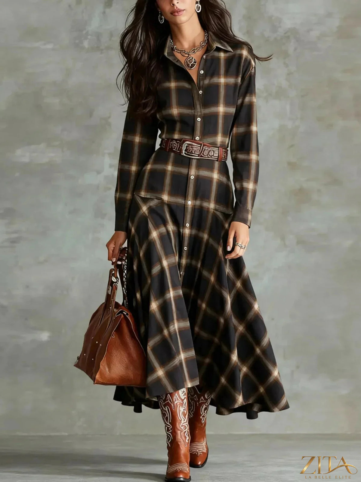 Zita La Belle Elite plaid button-down shirt dress with long sleeves and a collar, featuring a classic checkered pattern.