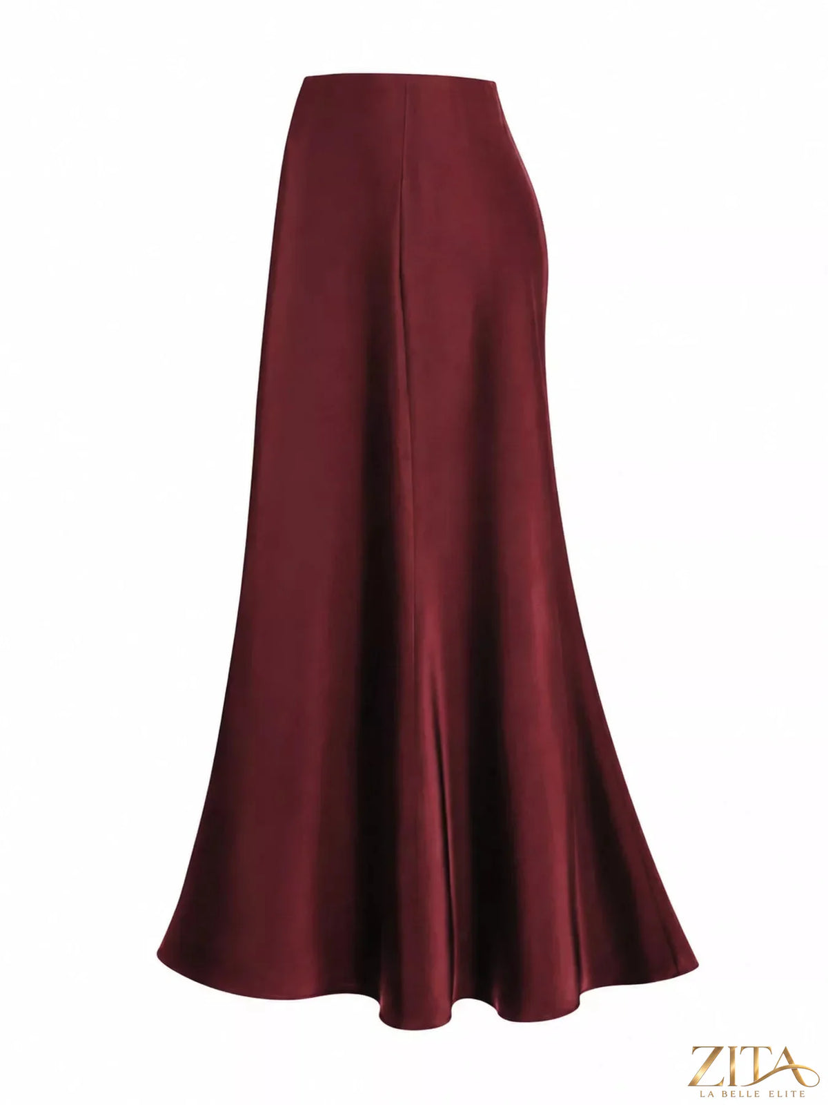 Full size high-waisted satin midi skirt by Trendsi, featuring a smooth, shiny fabric and a stylish, flowing silhouette.