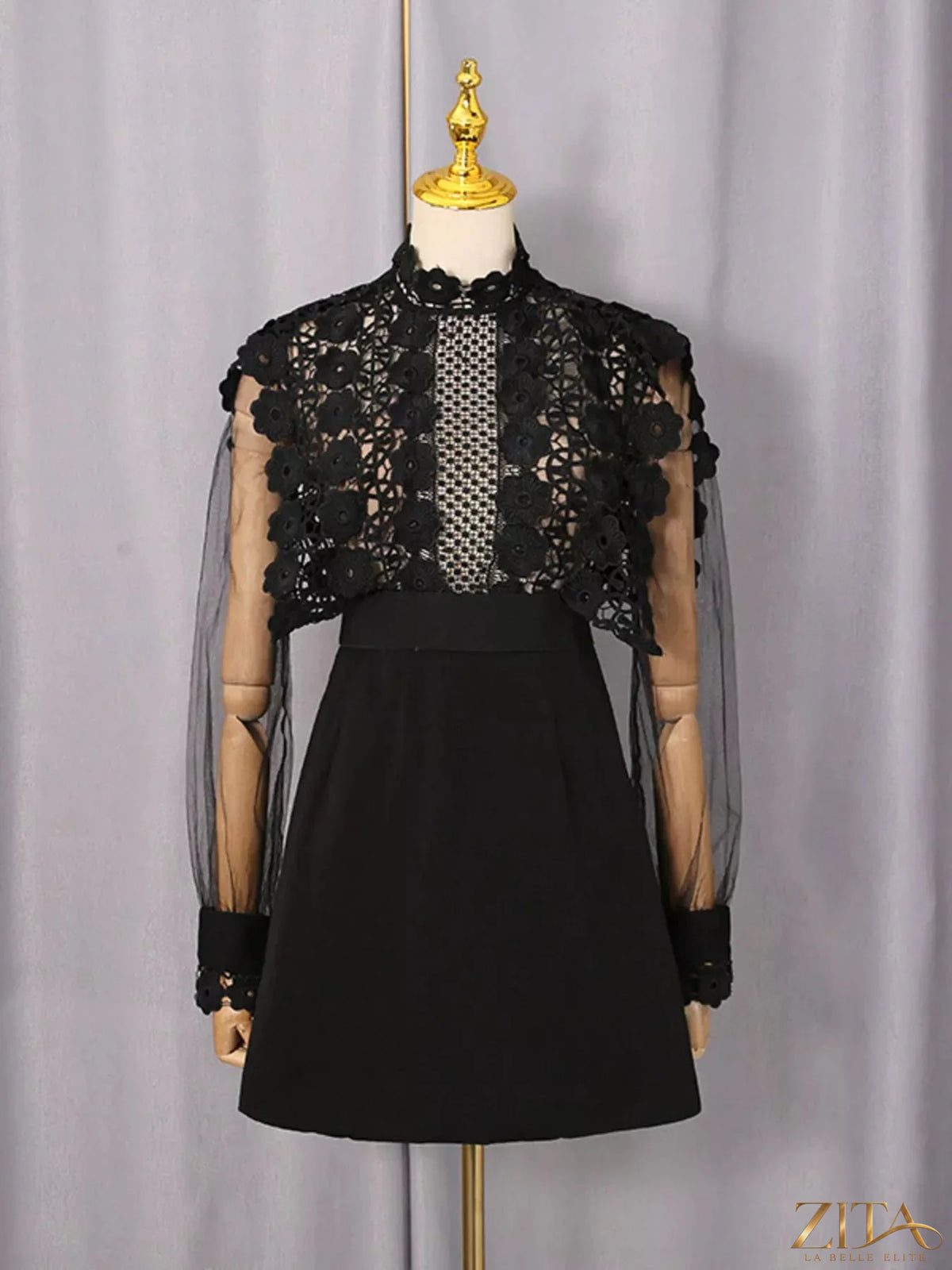 Lace sheer sleeve mini dress in black from Trendsi, featuring delicate lace detail and a fitted silhouette.