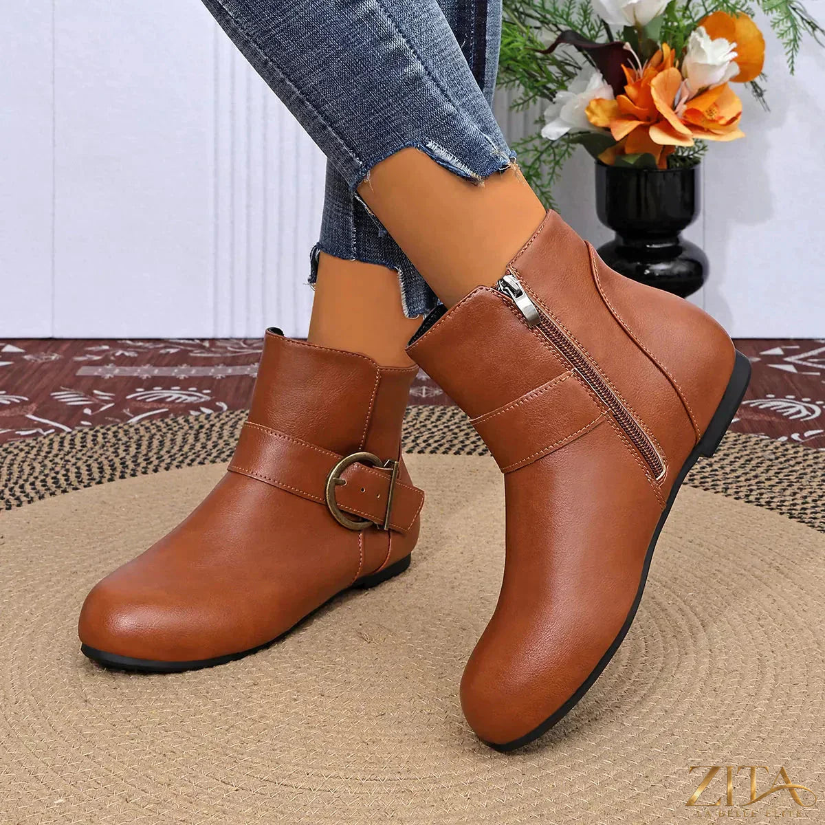 Trendsi round toe ankle boots with a sleek design, featuring a smooth leather finish and low block heel, perfect for casual wear.
