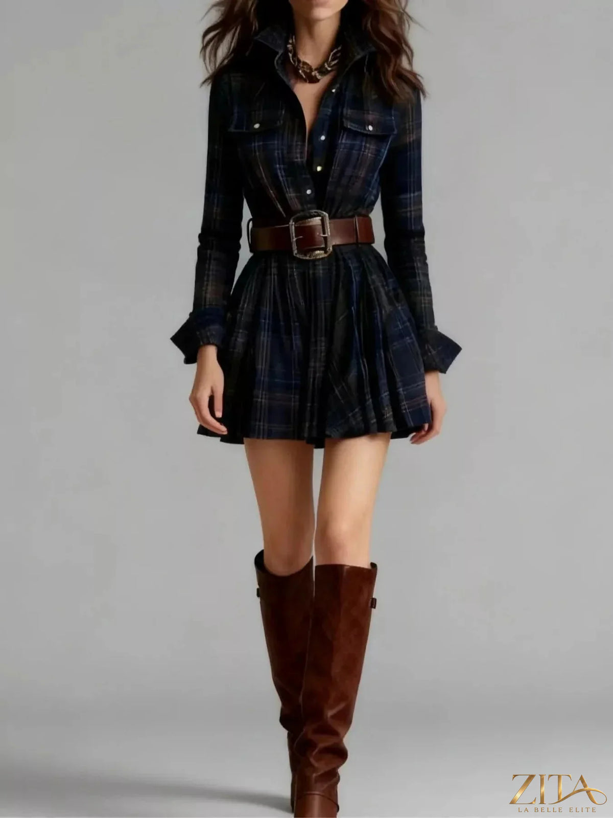 Zita La Belle Elite plaid long-sleeve shirt dress with collar and waist tie, in red and black checkered pattern.