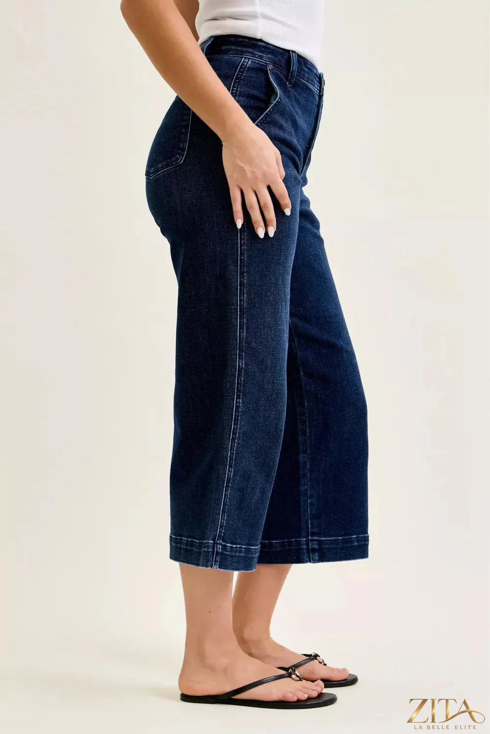 Zita La Belle Elite Judy Blue high waist ankle wide jeans with distressed details and a relaxed fit on model.