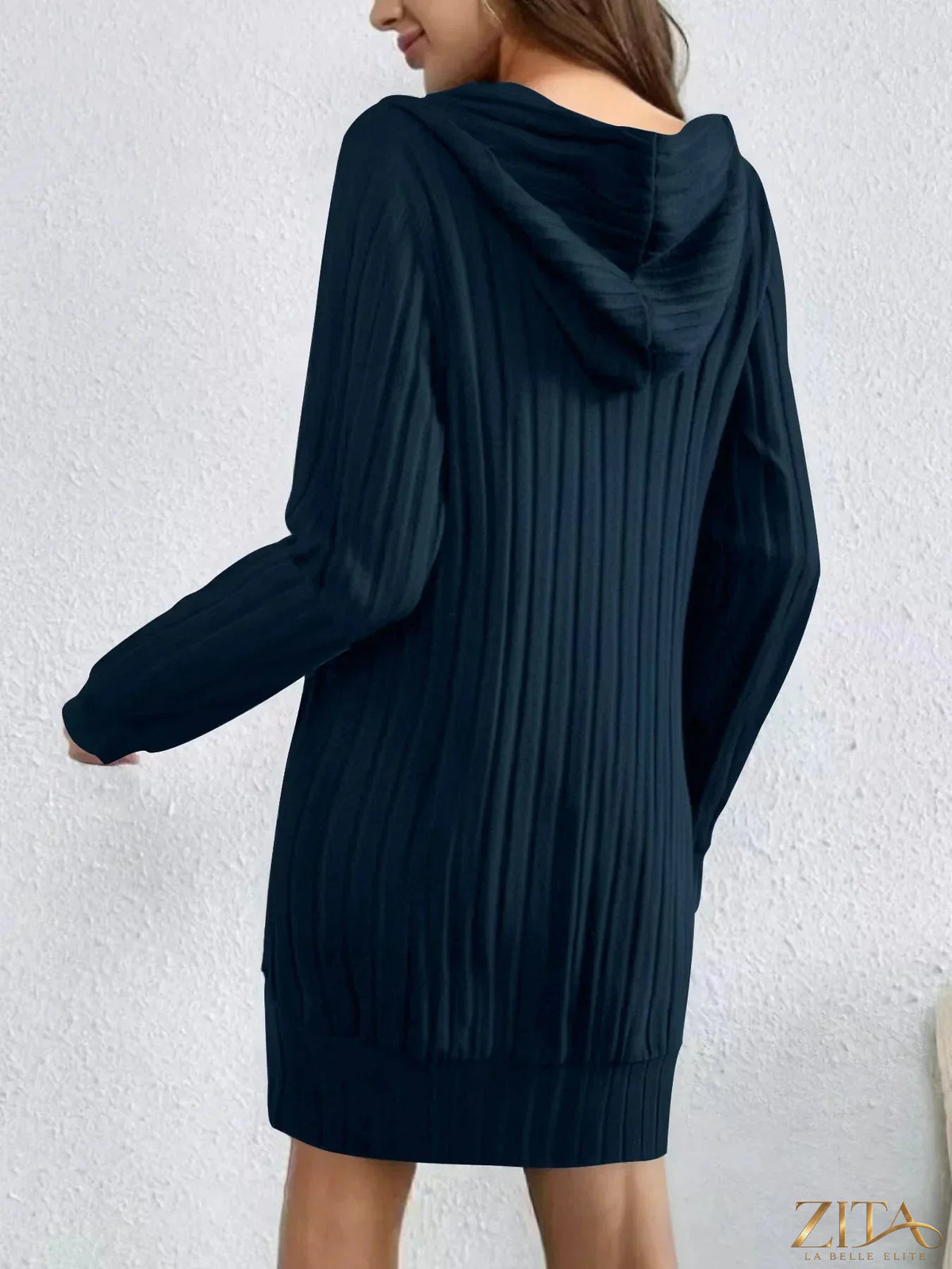 Zita La Belle Elite ribbed knit hoodie dress in soft fabric, featuring a hood, long sleeves, and a fitted silhouette.