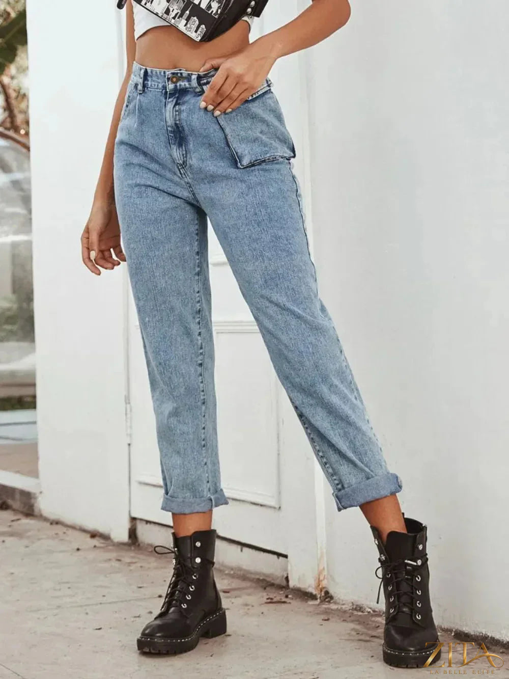 Zita La Belle Elite high waist straight leg jeans, denim fabric, front view showing classic five-pocket design.