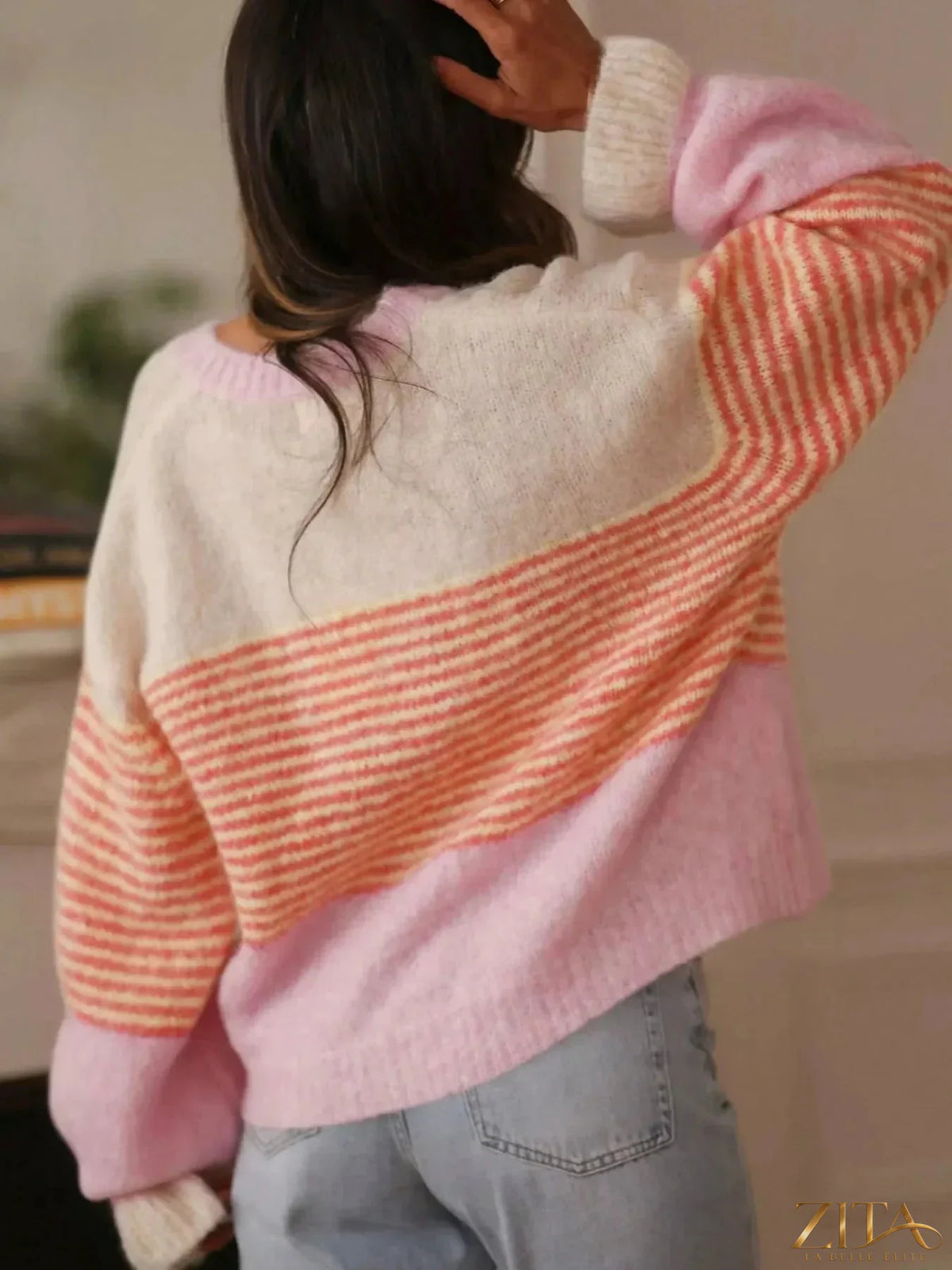 Zita La Belle Elite striped color-block button-down cardigan with bold horizontal stripes and a classic collar.