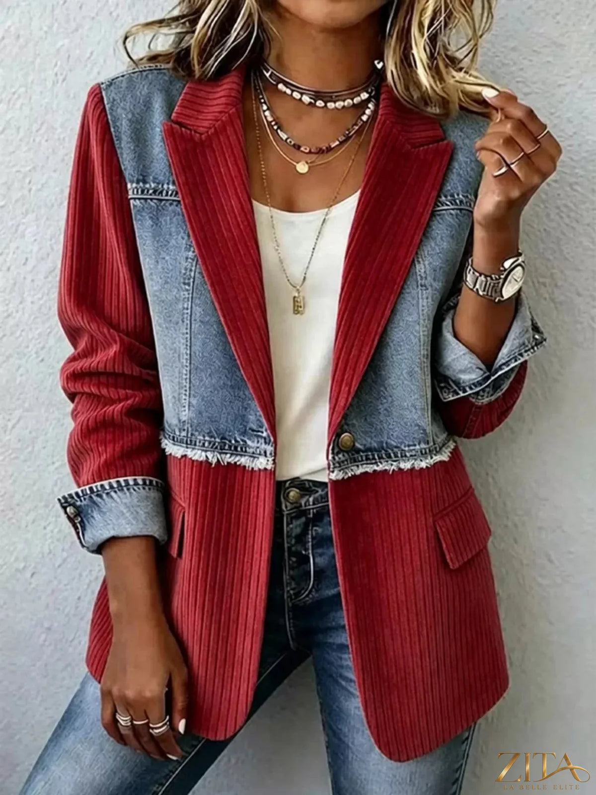 Full size patchwork denim blazer by Zita La Belle Elite, ribbed plus size blazer with stylish patchwork design.