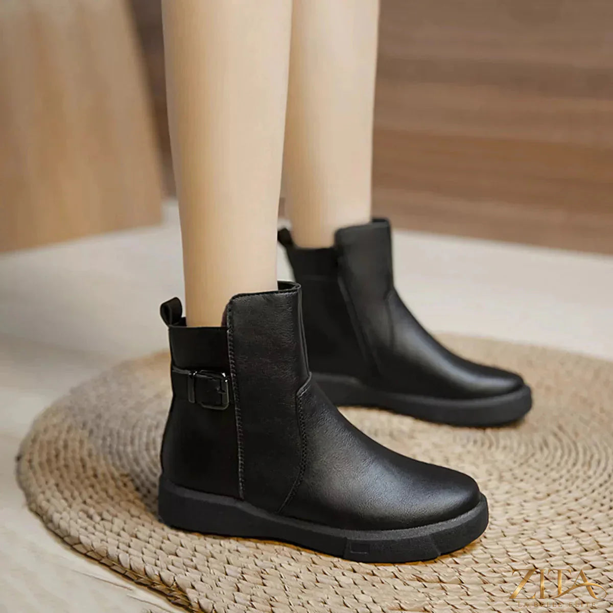 Zita La Belle Elite round toe platform boots with chunky heels and sleek black leather finish.