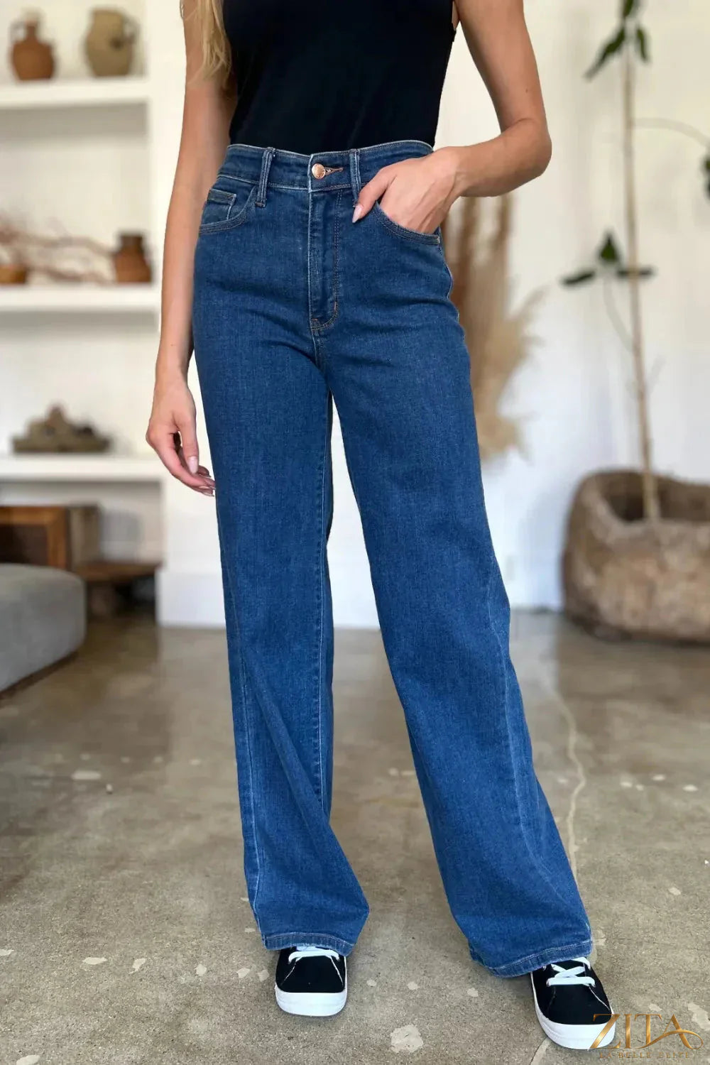 Zita La Belle Elite Judy Blue full size high rise straight jeans shown in dark denim, with classic five-pocket design and belt loops.