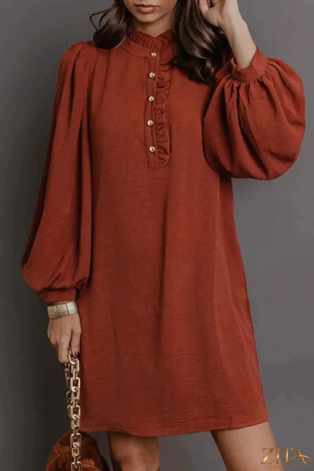 Zita La Belle Elite solid long sleeve shift dress with short length, casual and stylish for everyday wear.