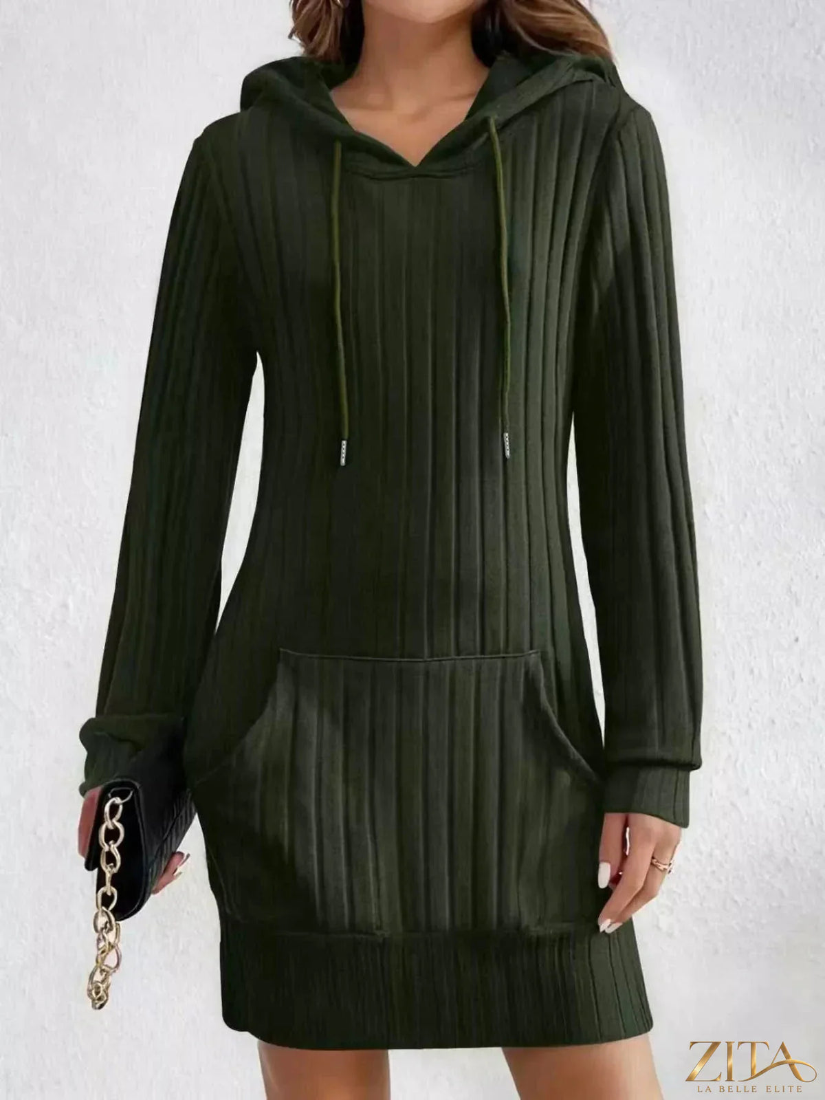 Zita La Belle Elite ribbed knit hoodie dress in soft fabric, featuring a hood, long sleeves, and a fitted silhouette.