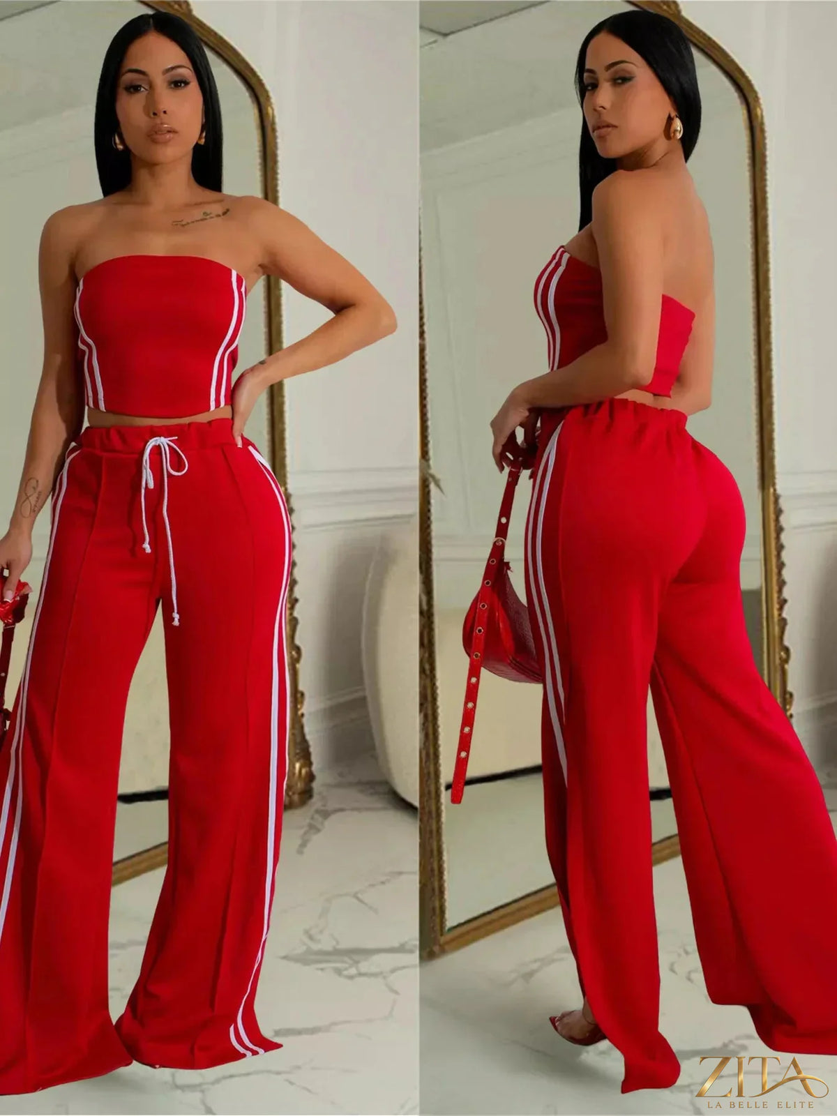 Zita La Belle Elite sleeveless tube top and wide-leg pants set, stylish fashion ensemble, black fabric, casual yet chic outfit.