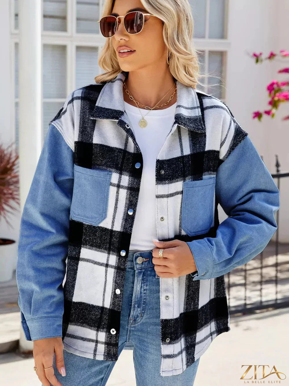 Zita La Belle Elite pocketed plaid snap-down denim jacket featuring classic plaid pattern, button snaps, and front pockets.