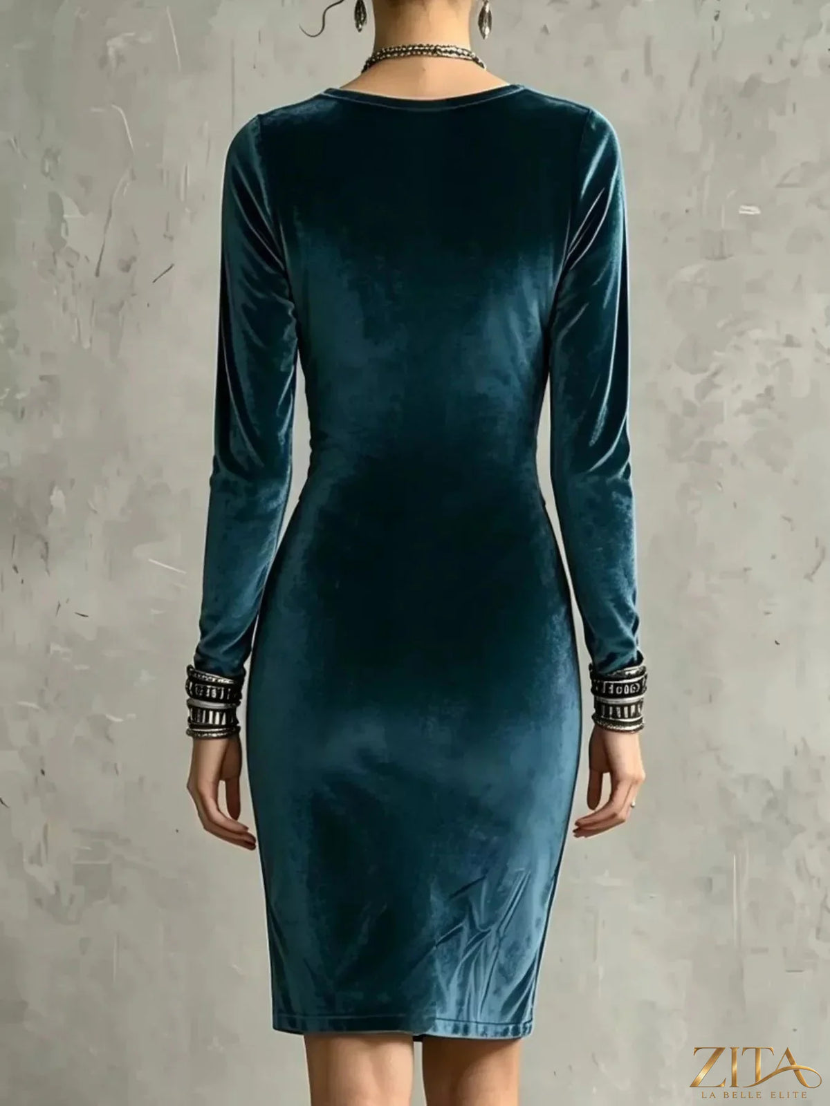 Velvet long-sleeve bodycon dress by Trendsi, fitted design in rich velvet fabric, shown on a model.
