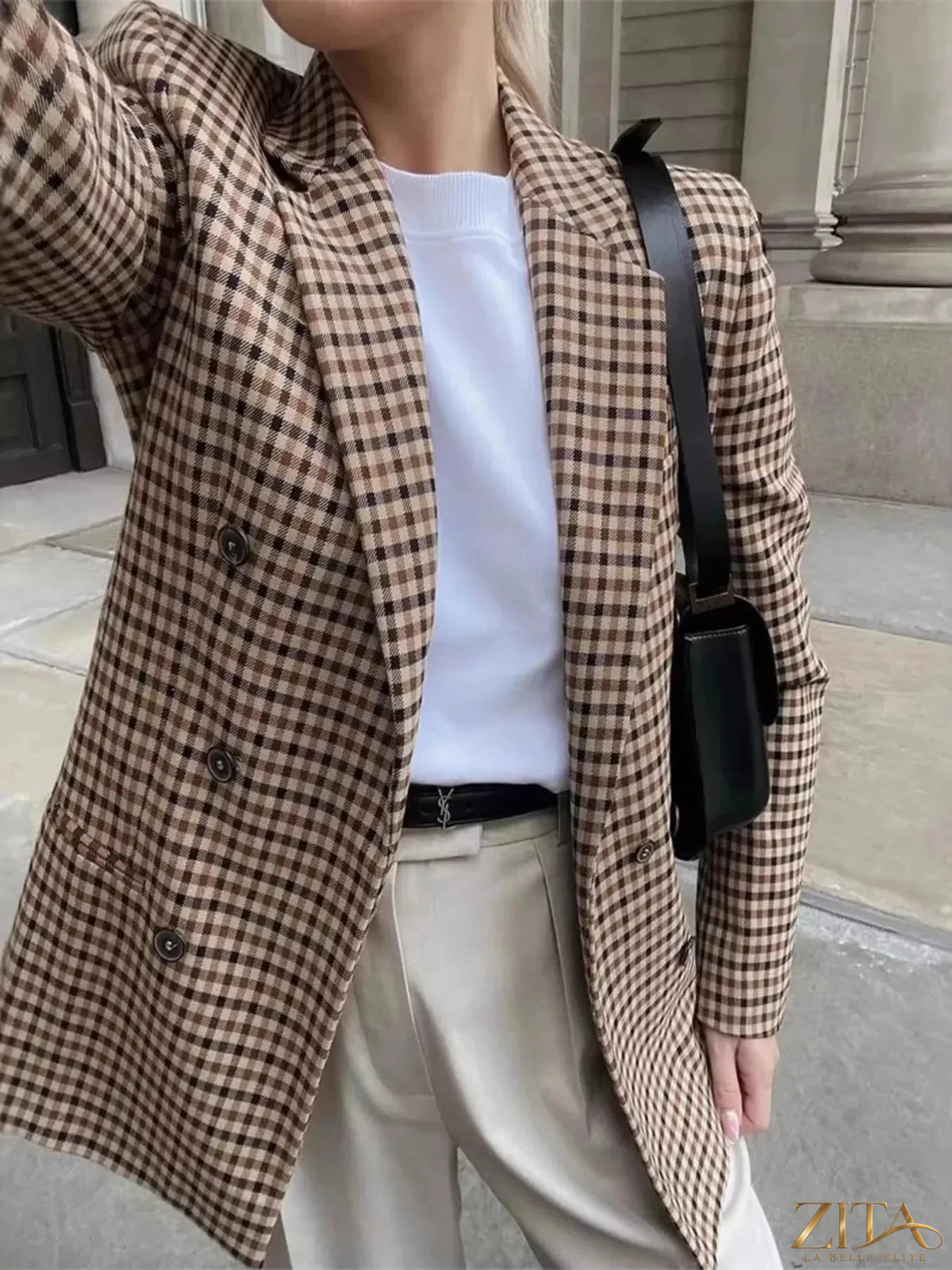Zita La Belle Elite plaid blazer with lapel collar, long sleeves, tailored fit, and classic design.