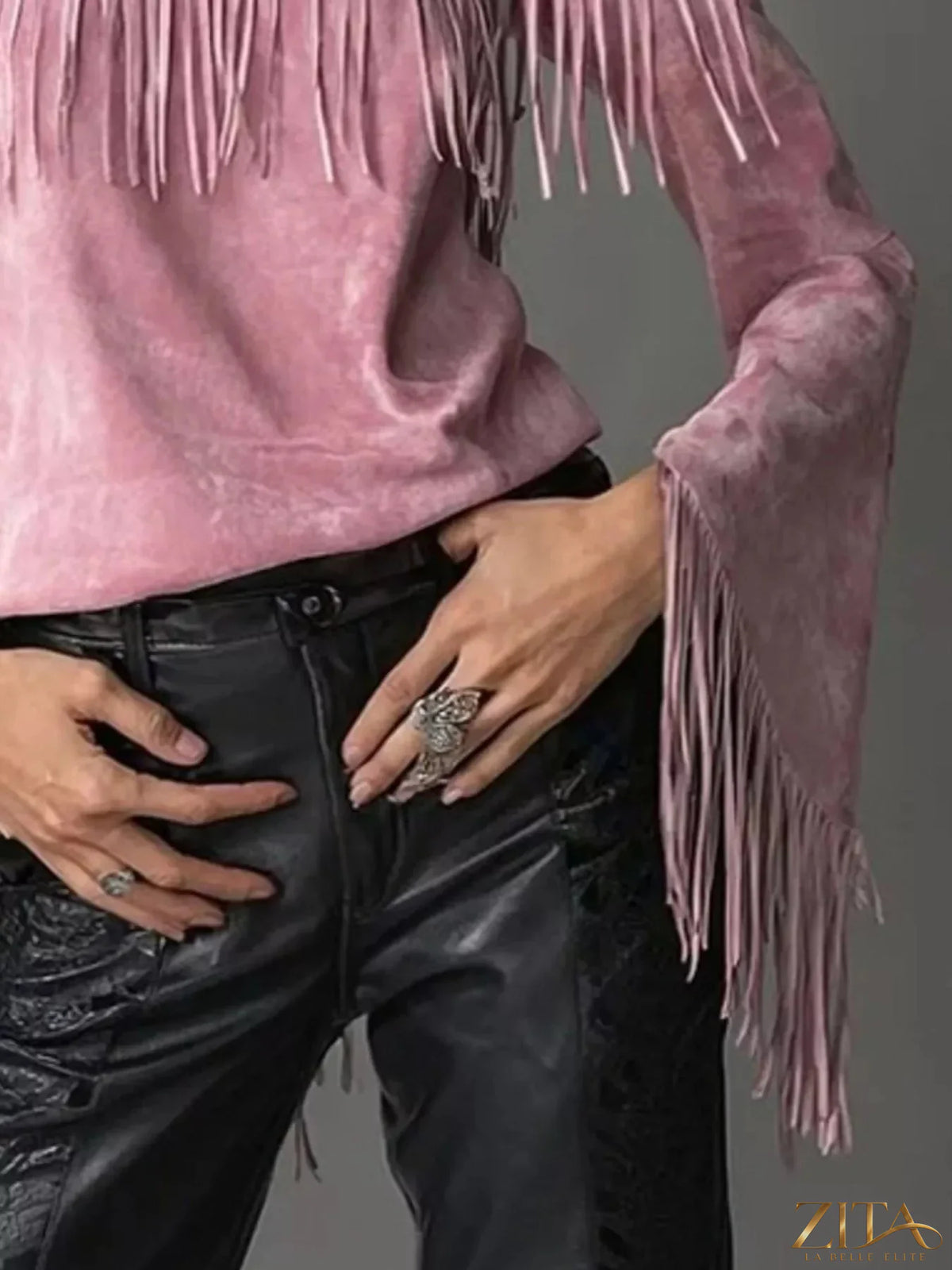 Zita La Belle Elite boho chic off-shoulder suede top with fringe detailing, showcasing a stylish relaxed fit and trendy design.