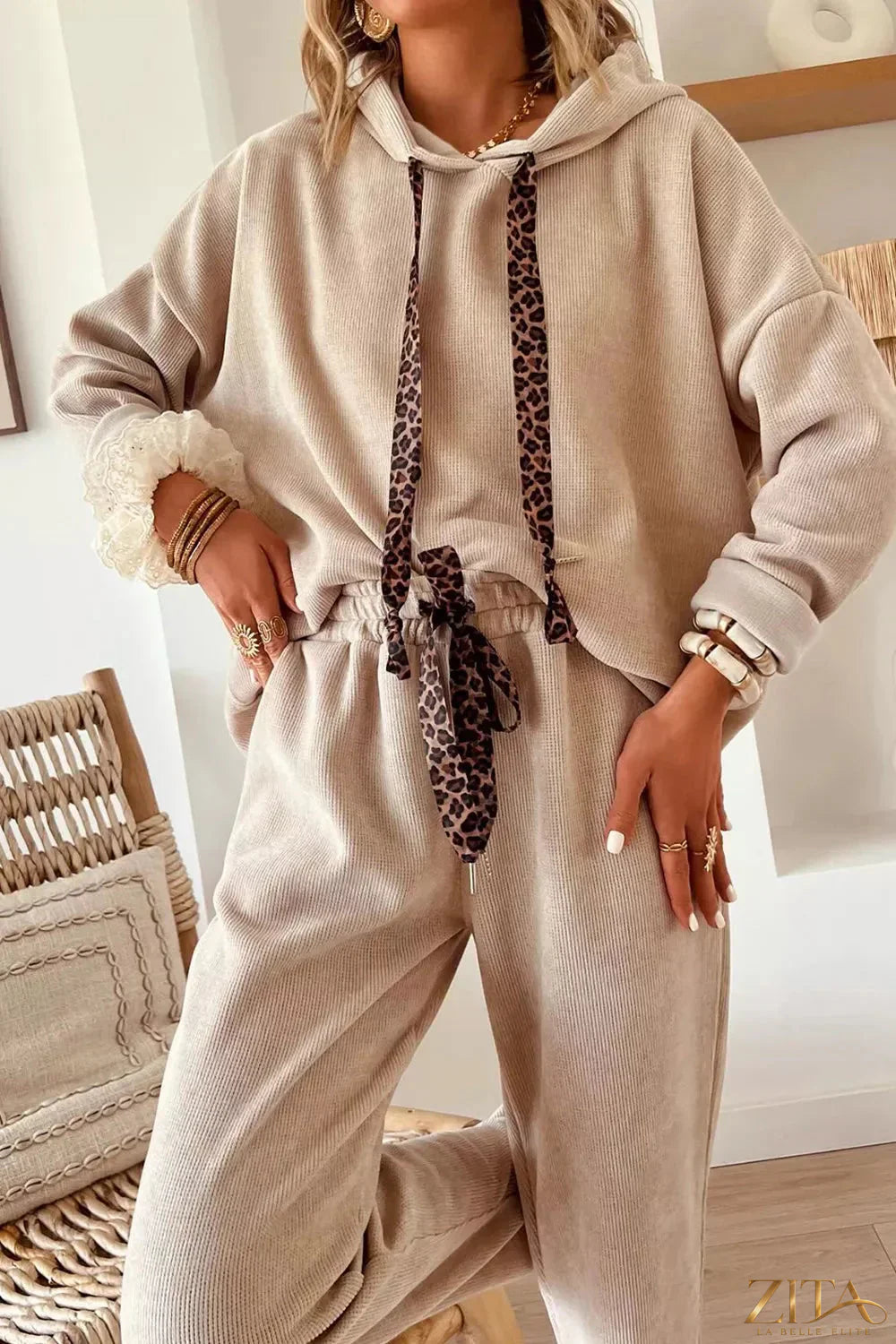 Zita La Belle Elite leopard print drawstring hoodie and pants set, two-piece casual outfit with hood and elastic waistband.