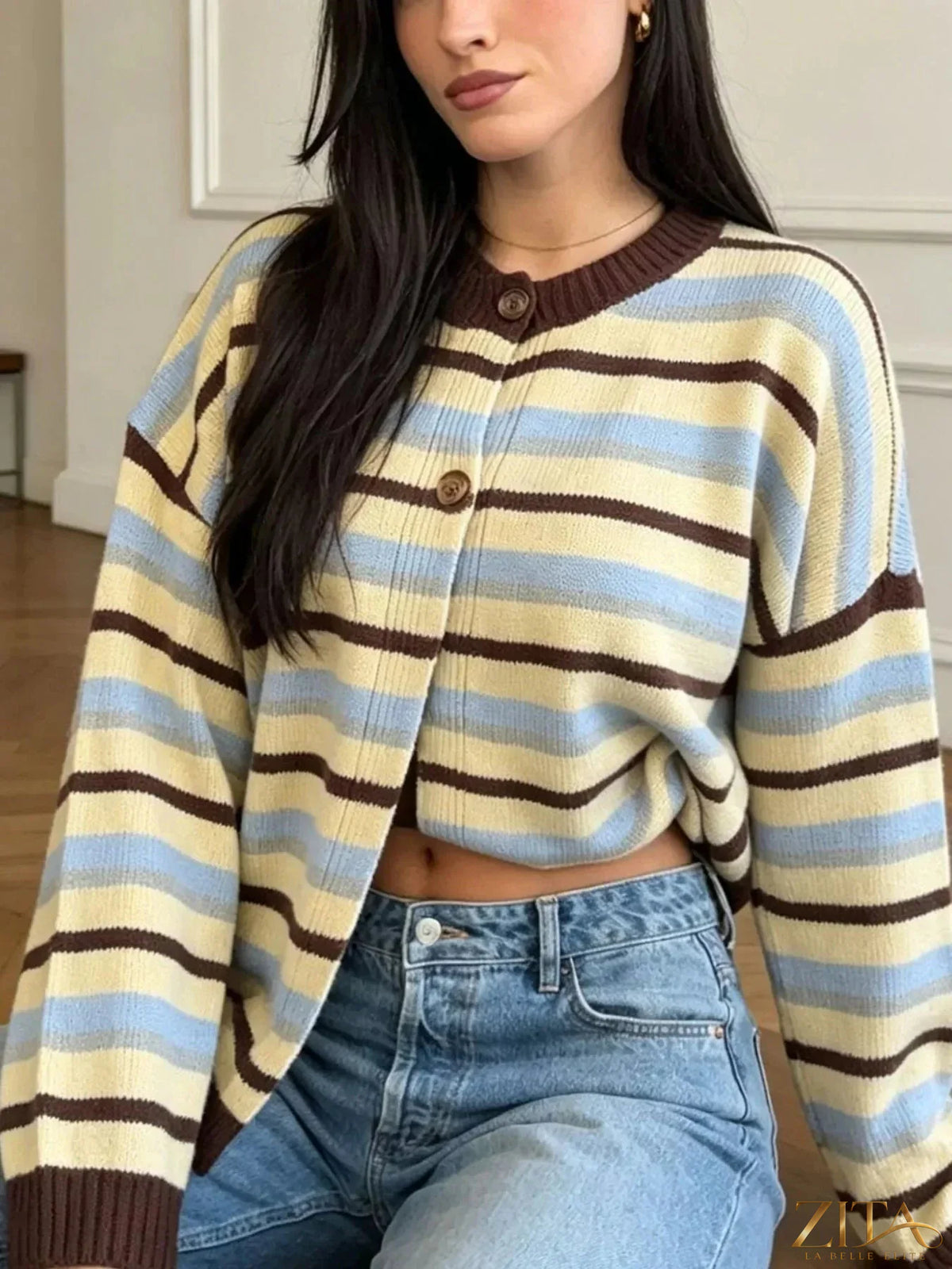 Zita La Belle Elite striped crew neck button-down cardigan with long sleeves and front buttons, featuring a stylish striped pattern.
