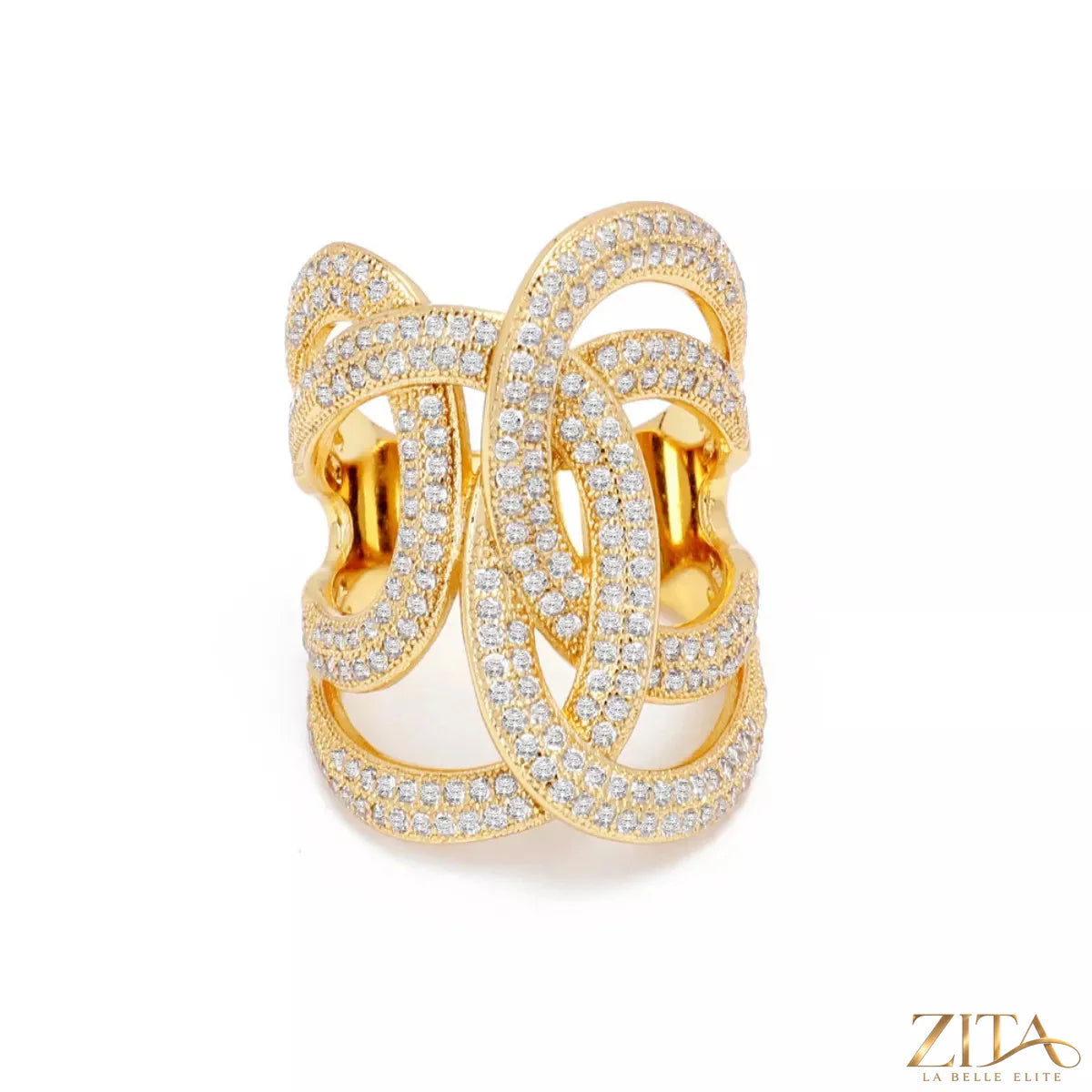 18K gold-plated zircon interwoven ring by Zita La Belle Elite featuring sparkling zircon stones and a sleek, elegant design.