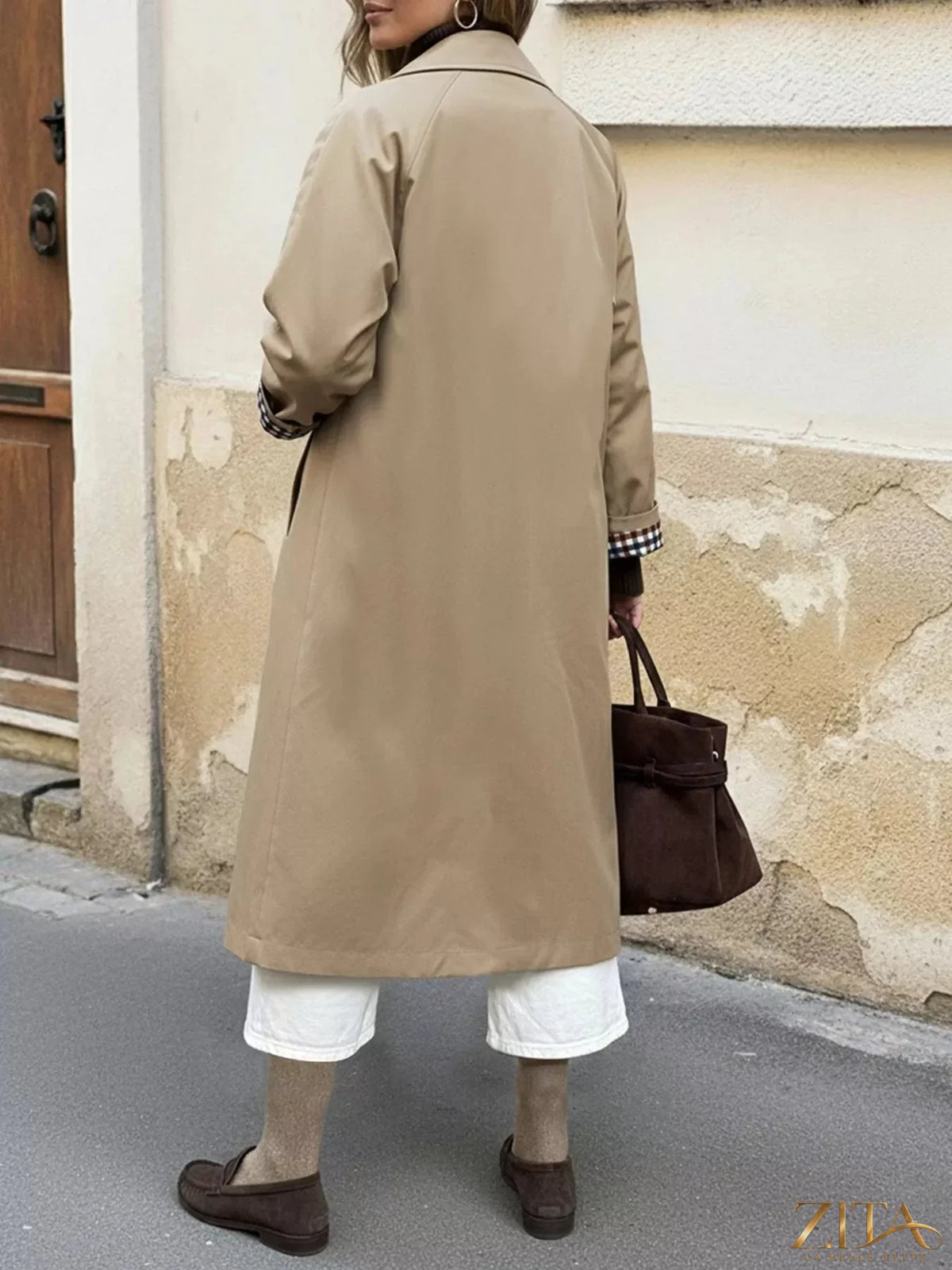 Zita La Belle Elite checkered lining button-up trench coat with classic collar and waist belt, stylish outerwear for women.