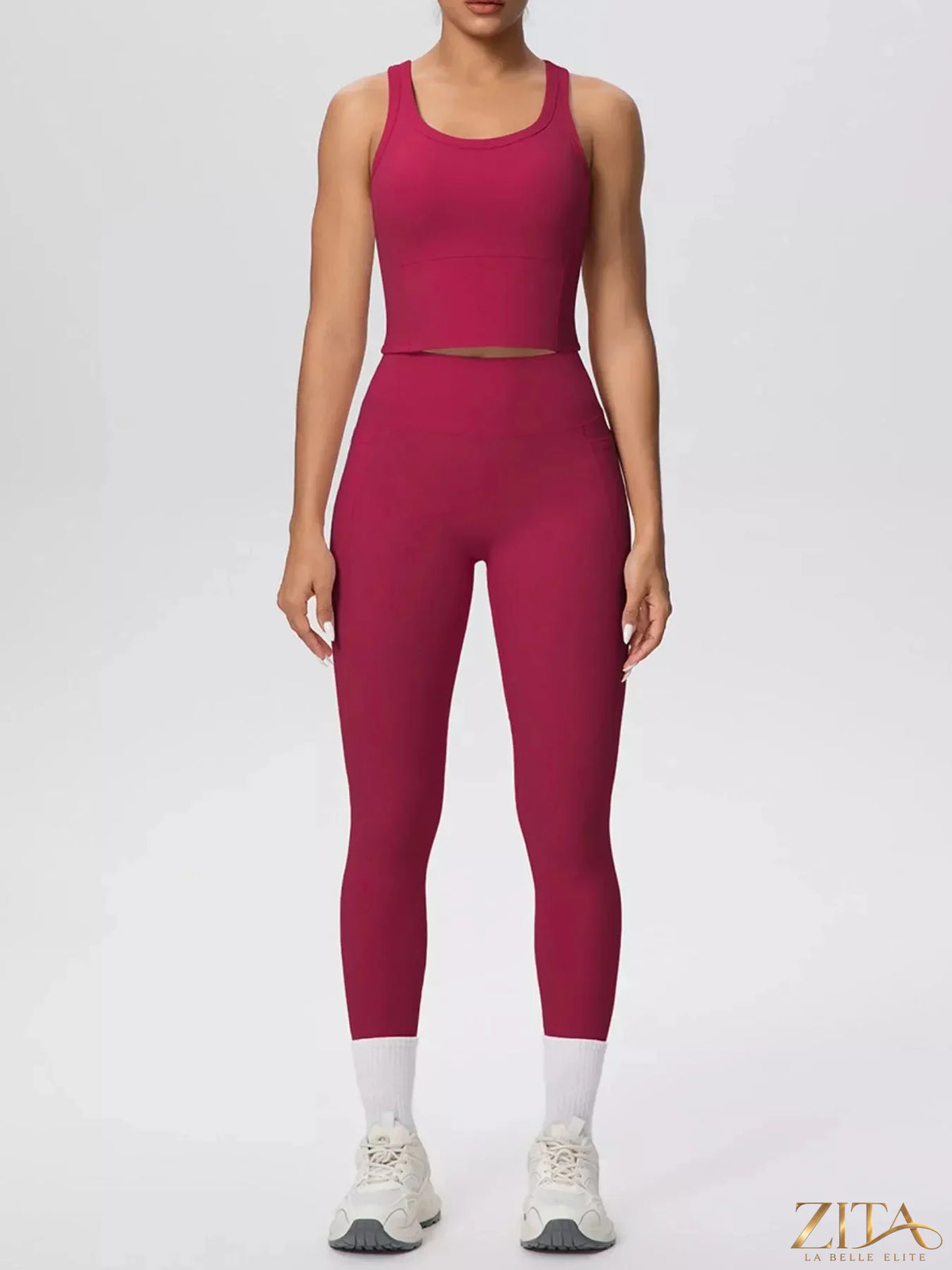 Zita La Belle Elite scoop neck tank top and high-waisted leggings active set, black, fitted athletic wear for workout or yoga.
