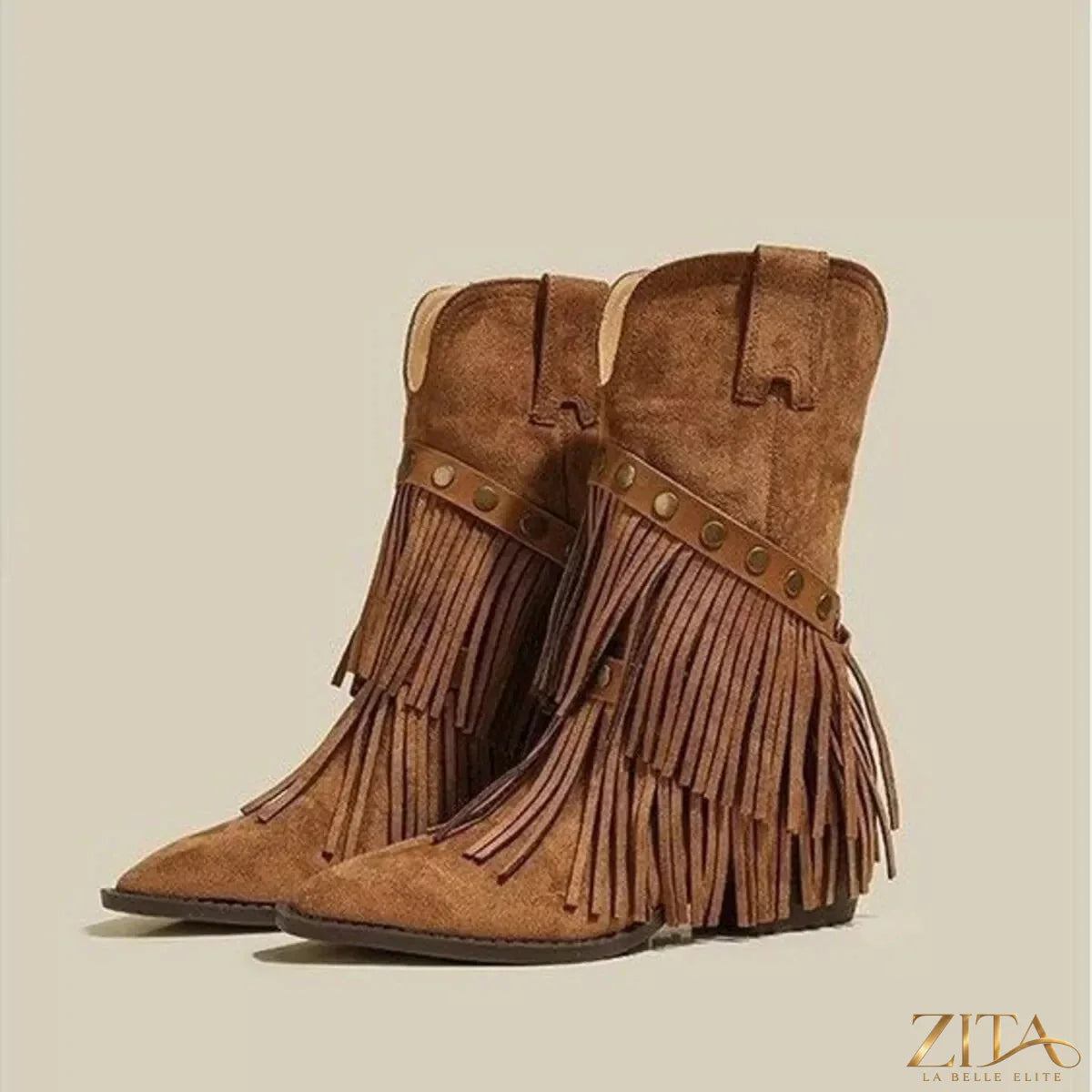 Vintage suede Western fringe boots with studded straps by Zita La Belle Elite, featuring layered fringe and decorative metal studs.