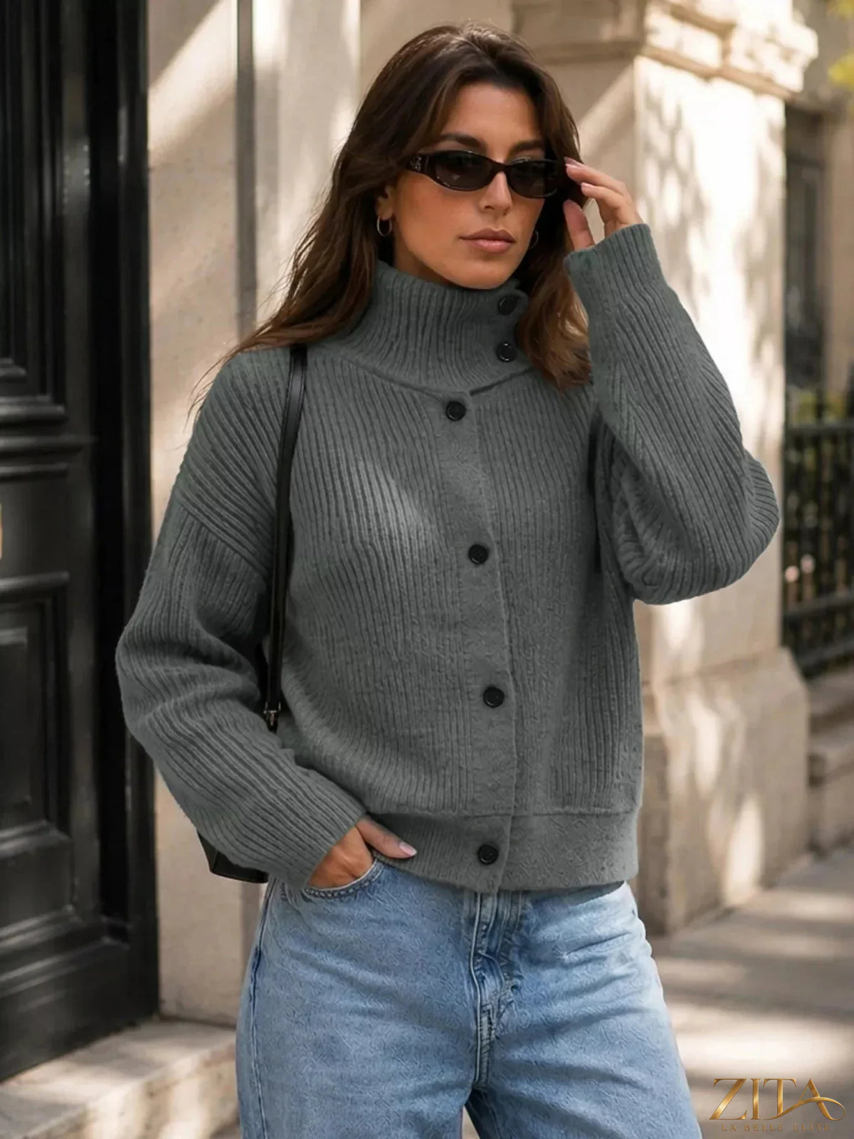 Zita La Belle Elite turtleneck button-down cardigan in cozy knit with front buttons and a fitted silhouette.
