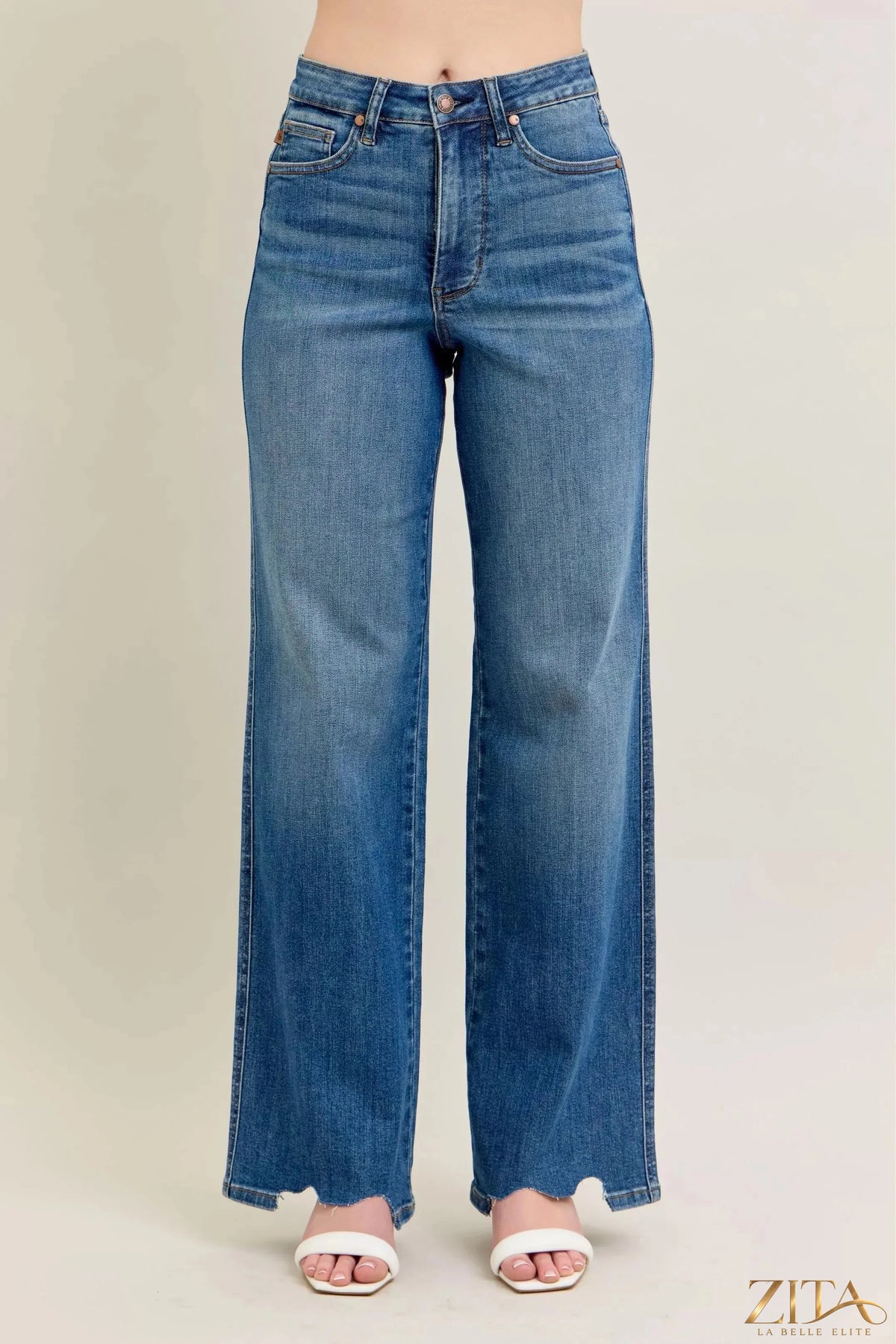Zita La Belle Elite Judy Blue tummy control distressed wide jeans displayed with front view and distressed detailing.