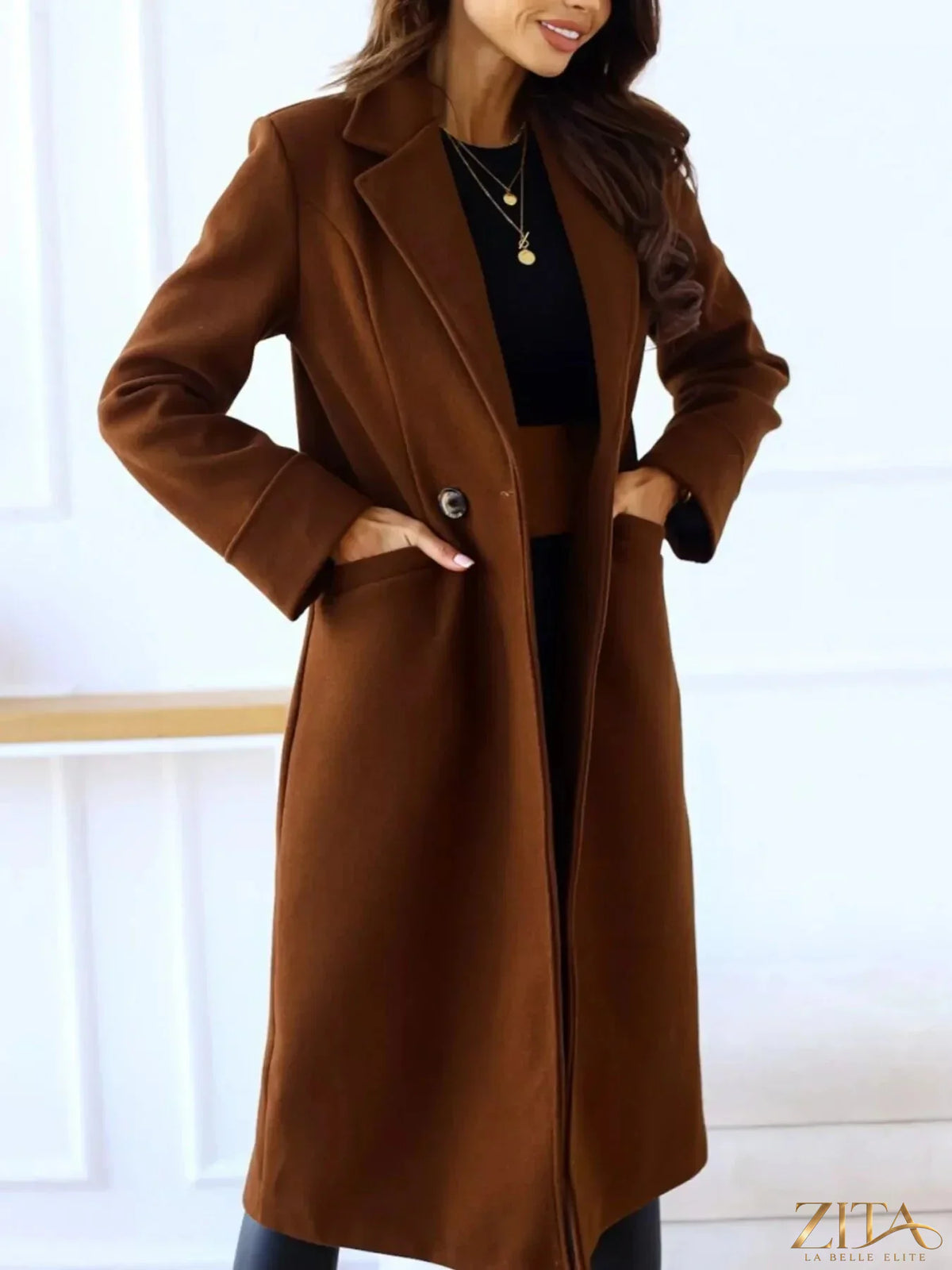 Zita La Belle Elite wool blend overcoat with lapel collar, shown in a stylish, tailored design for cold weather.