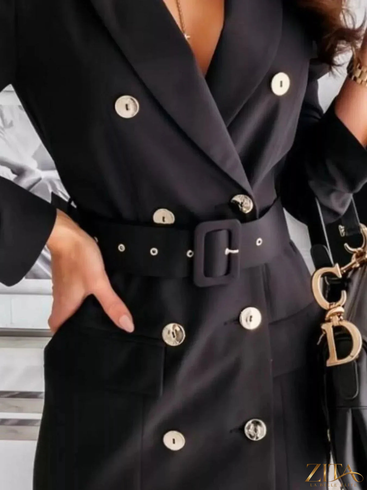 Zita La Belle Elite double-breasted belted blazer dress in black, featuring structured lapels and tailored fit.