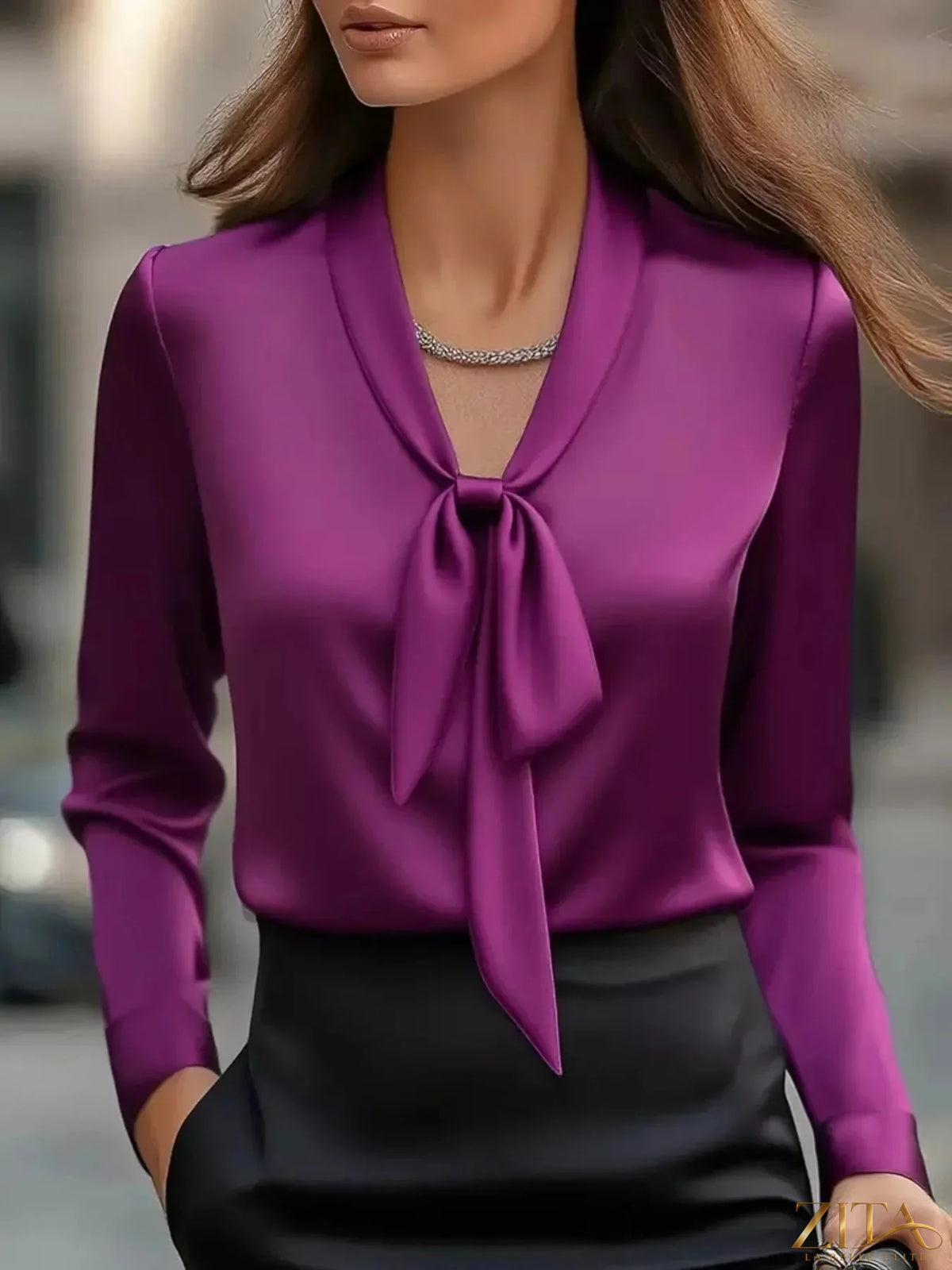 Zita La Belle Elite satin tie-front long sleeve blouse with V-neck, lightweight fabric, and elegant design in soft satin material.