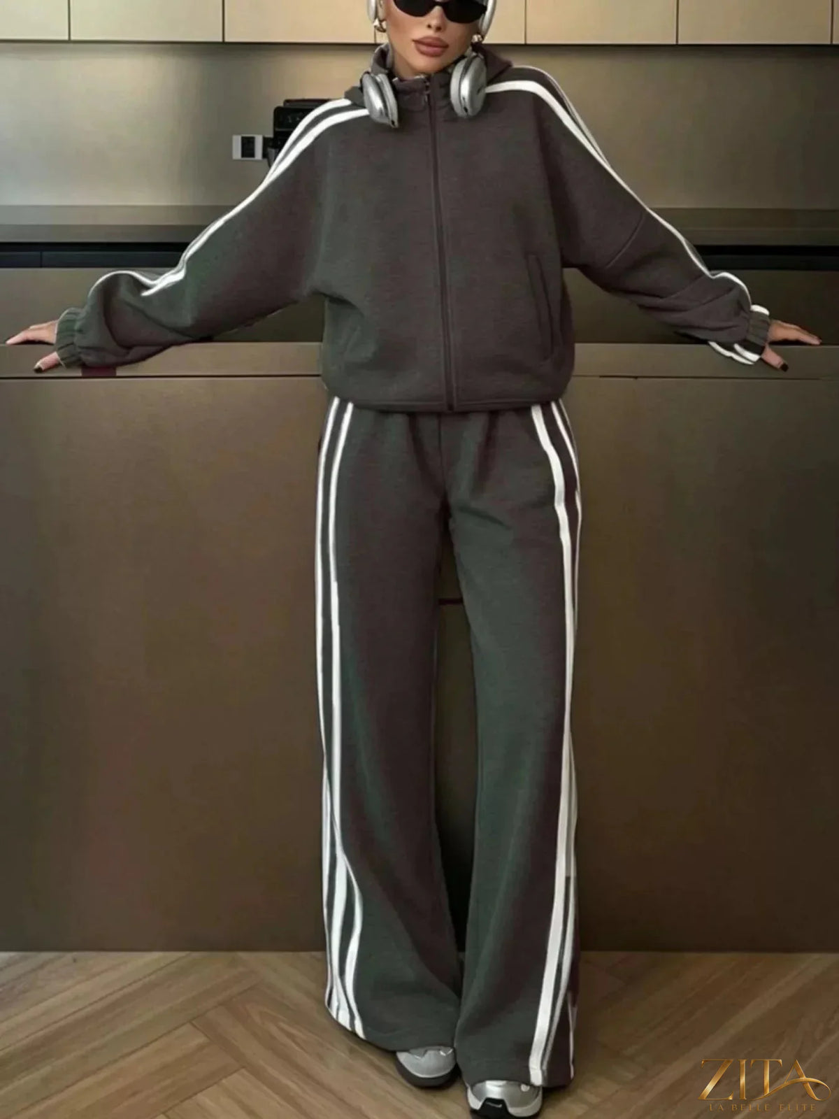 Zita La Belle Elite side stripes zip-up top and matching pants set, featuring sporty design and comfortable fit, shown in the image.