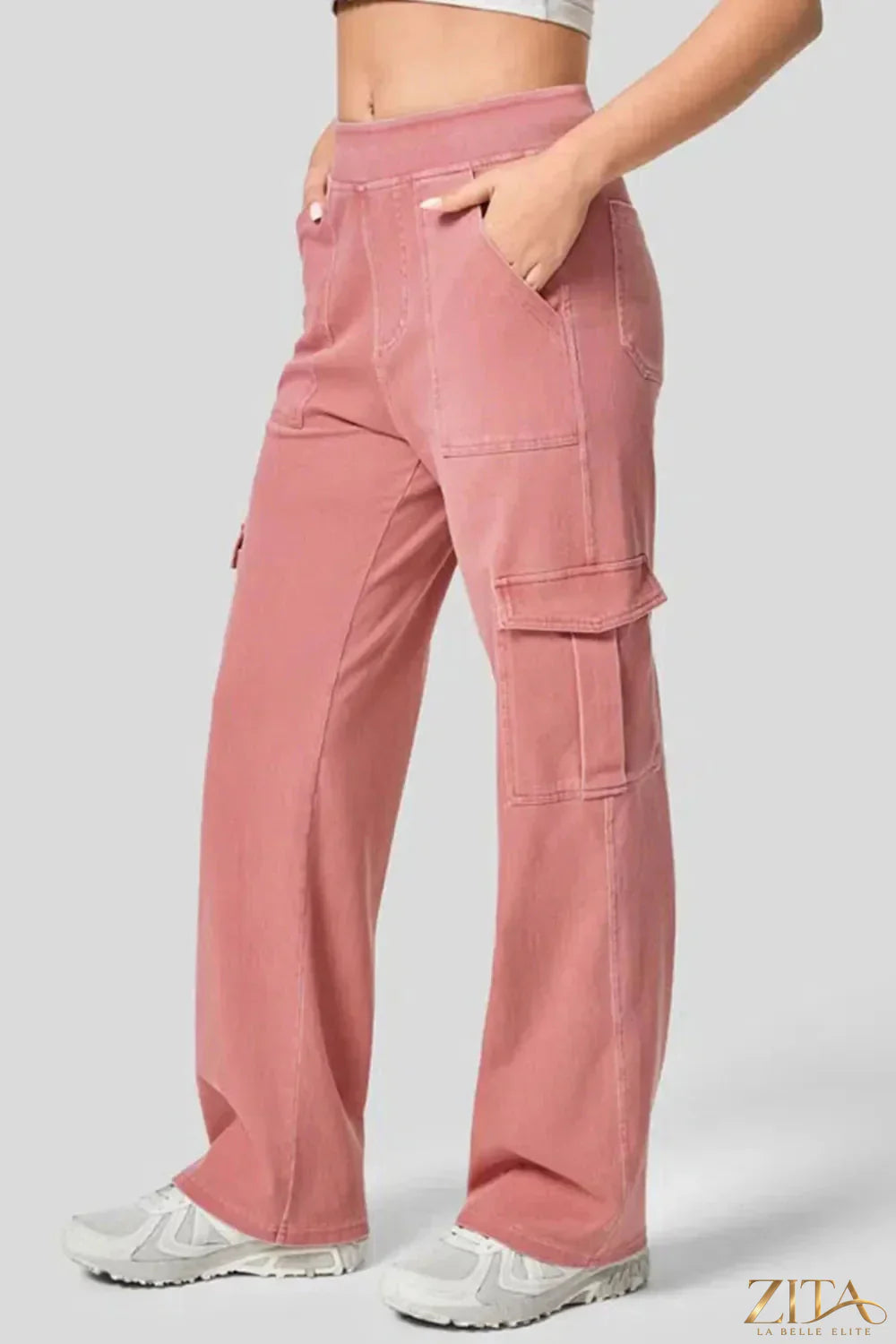 Zita La Belle Elite high waist straight leg cargo jeans with functional pockets and classic denim wash, styled on a model.